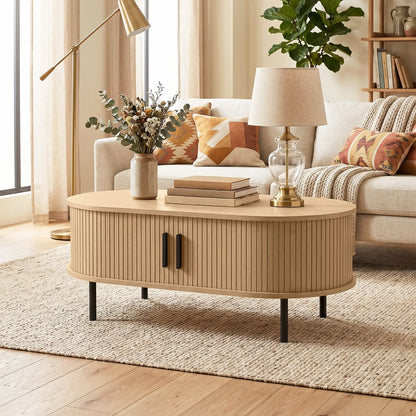 Coffee Table with Sliding Tambour Doors and Storage Center Table with Metal Legs, 39", Natural