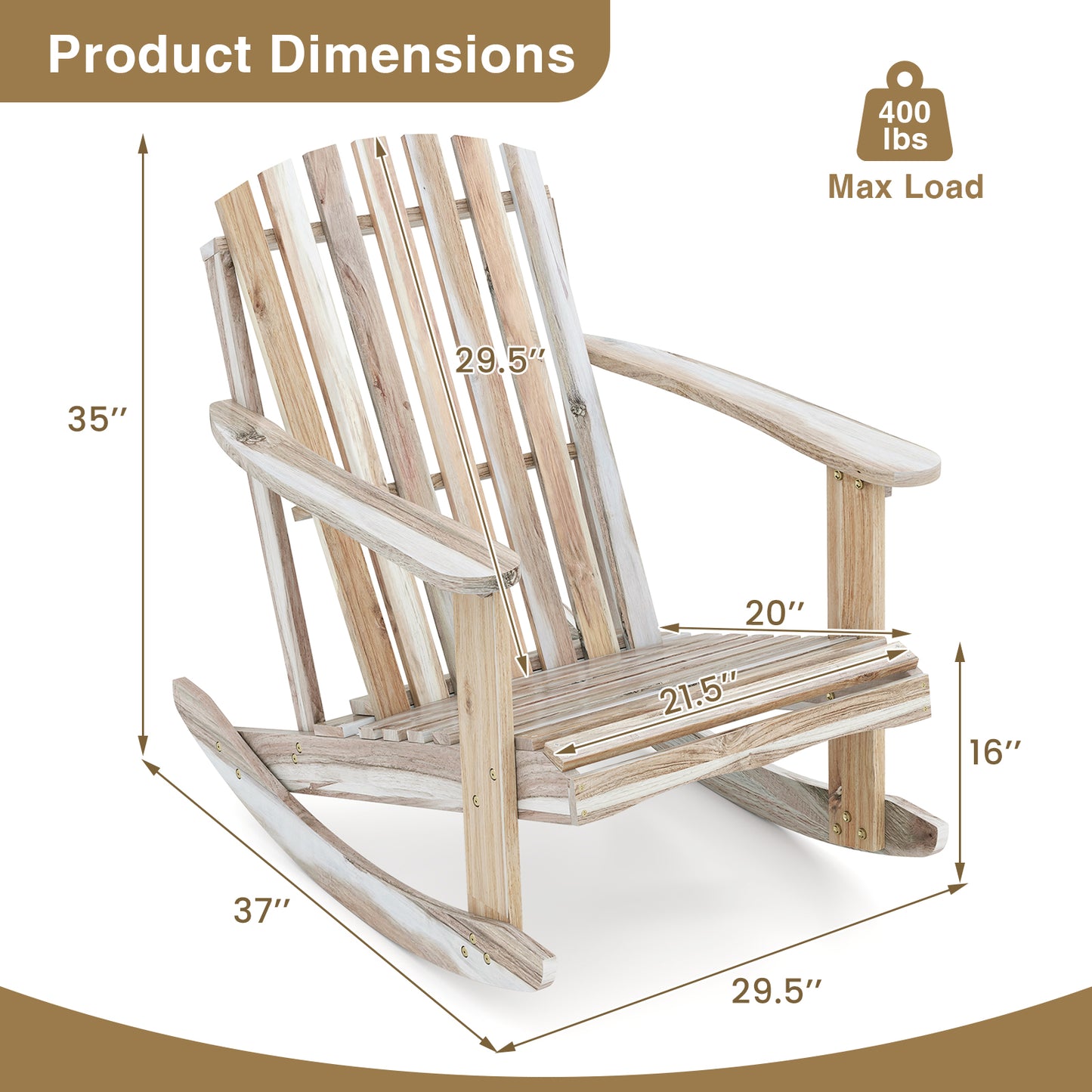 Adirondack Rocking Chair with Slatted Seat and High Fanned Back, Natural Adirondack Chairs at Gallery Canada
