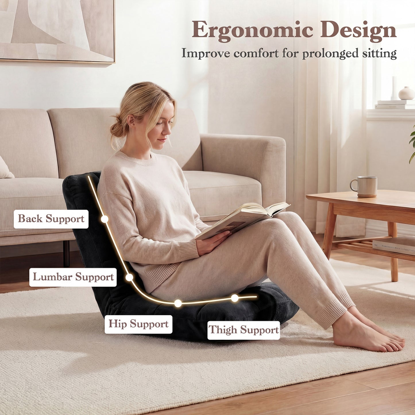 Adjustable 14-Position Floor Chair, Folding Gaming Sofa, Black Floor Chairs at Gallery Canada