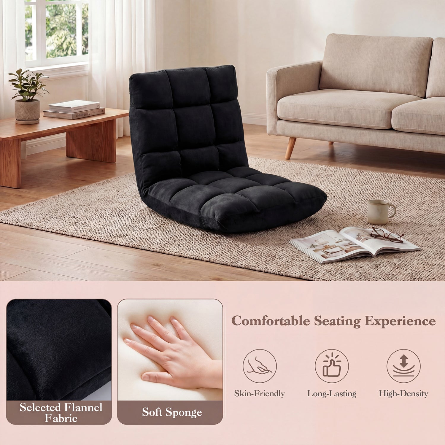 Adjustable 14-Position Floor Chair, Folding Gaming Sofa, Black Floor Chairs at Gallery Canada