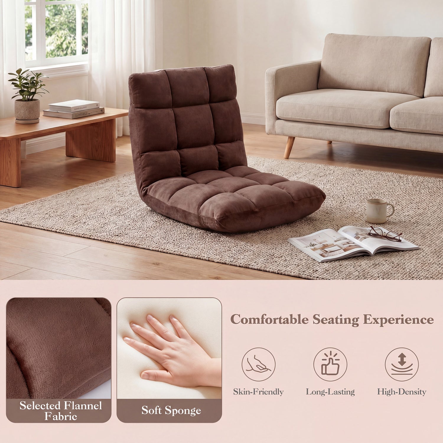 Adjustable 14-Position Cushioned Floor Chair, Brown Floor Chairs at Gallery Canada