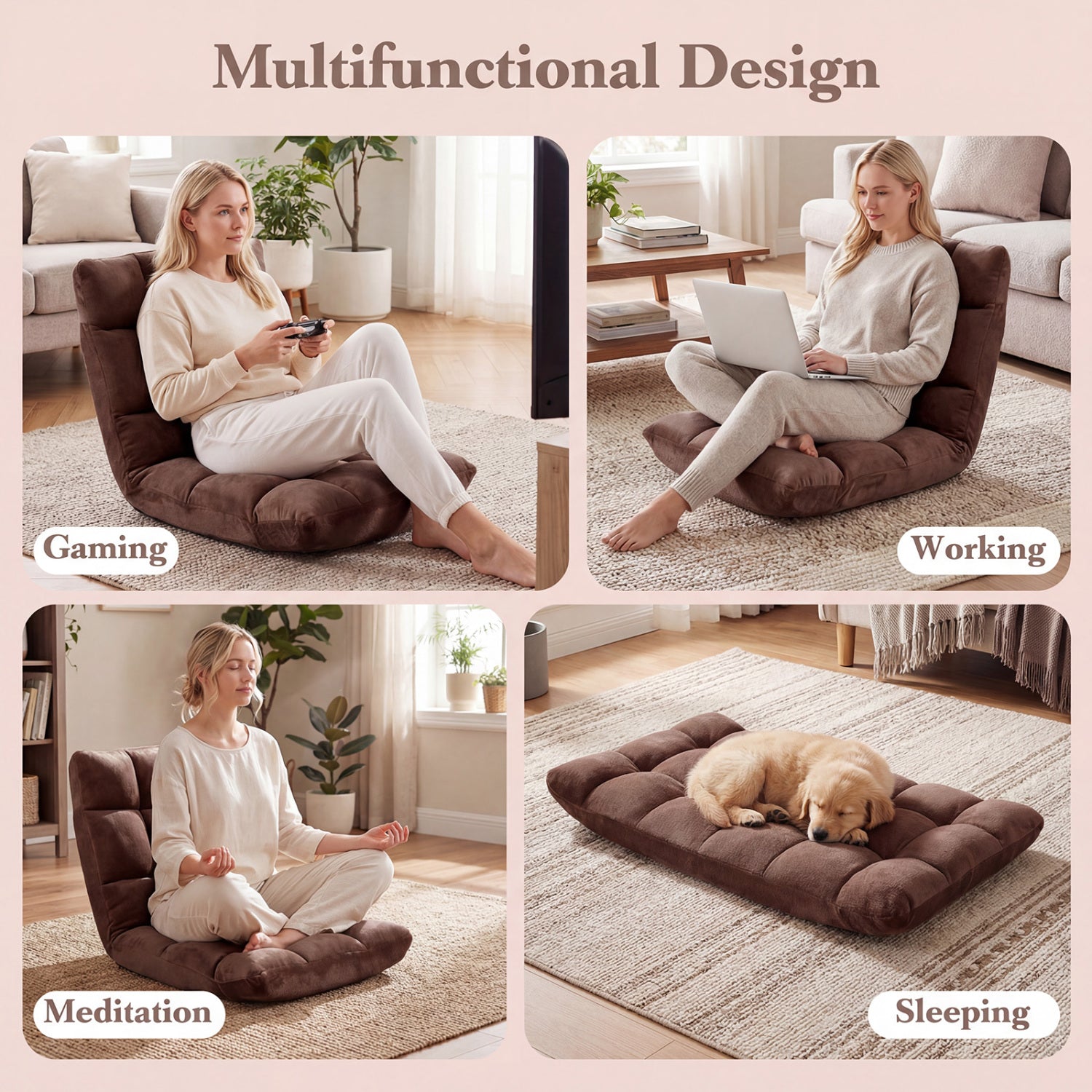 Adjustable 14-Position Cushioned Floor Chair, Brown Floor Chairs at Gallery Canada