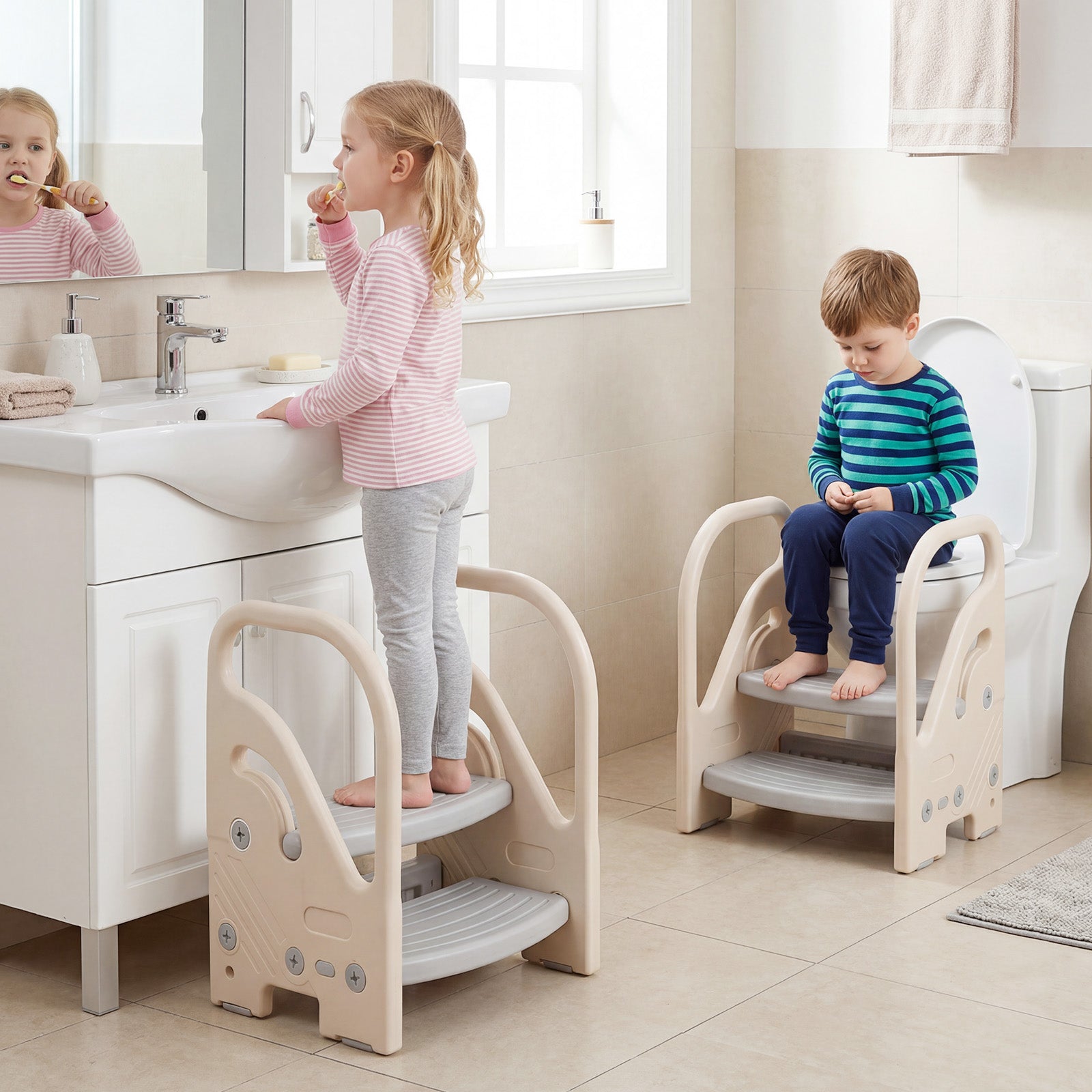 Adjustable 2-Step Kids Stool, Safety Handles, Non-Slip Pads, Gray Toddler & Kids Furniture at Gallery Canada
