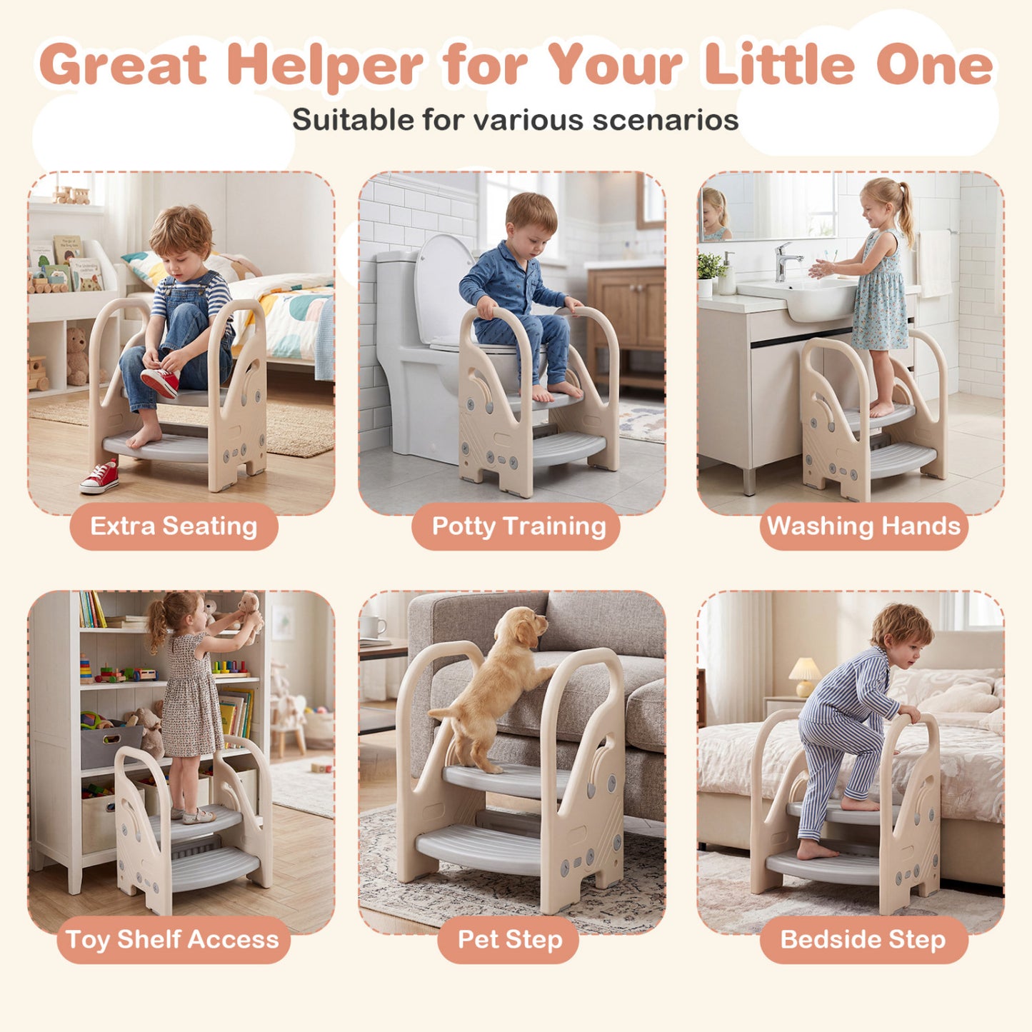 Adjustable 2-Step Kids Stool, Safety Handles, Non-Slip Pads, Gray Toddler & Kids Furniture at Gallery Canada