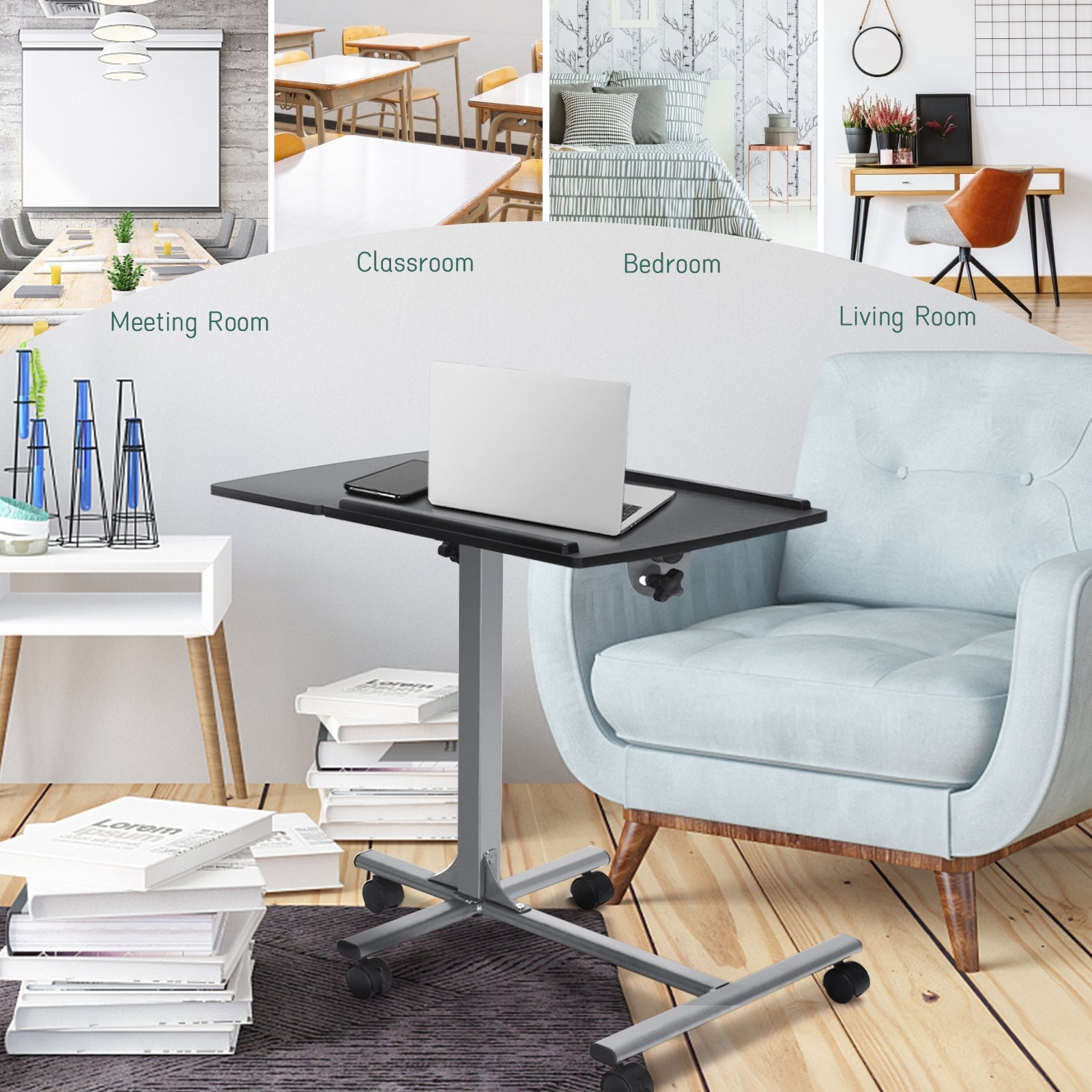 Adjustable Angle Height Rolling Laptop Table, Black Laptop Tables & Printer Stands at Gallery Canada