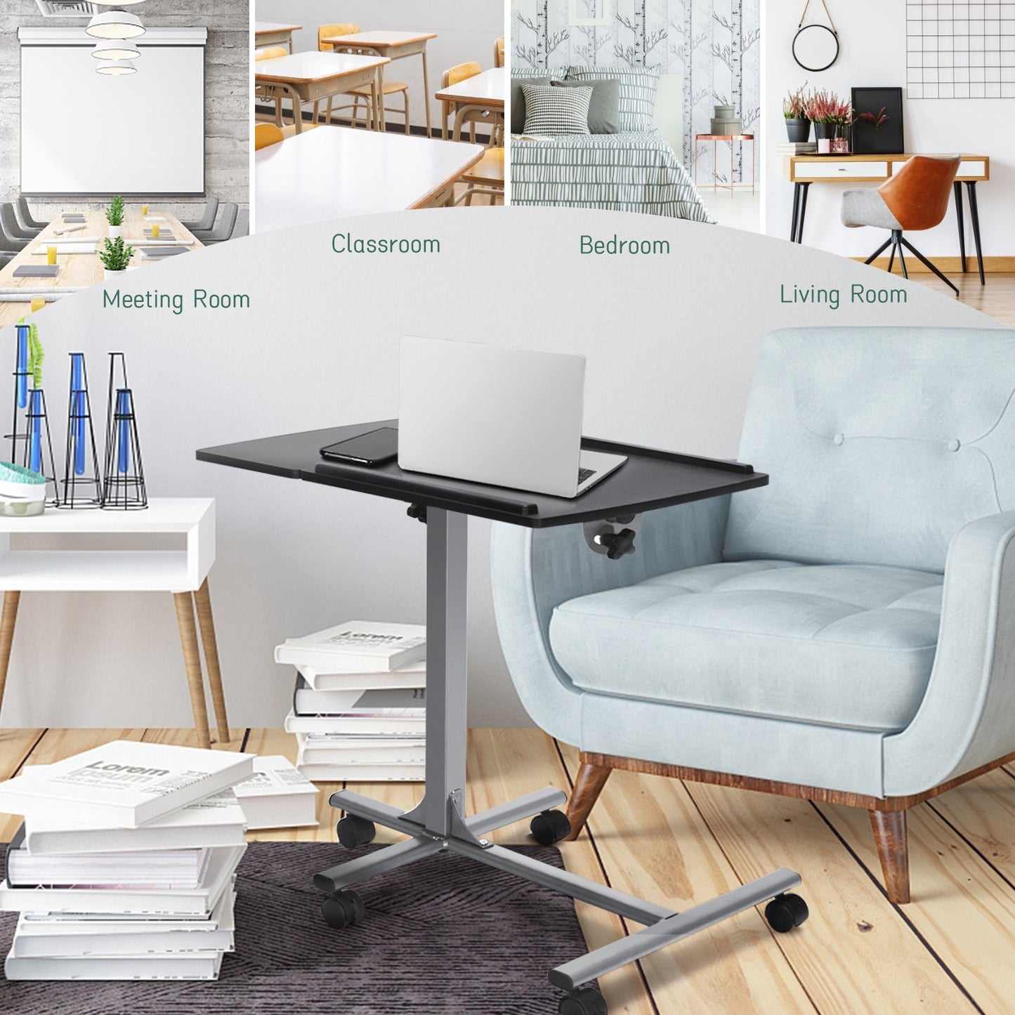 Adjustable Angle Height Rolling Laptop Table, Black Laptop Tables & Printer Stands at Gallery Canada