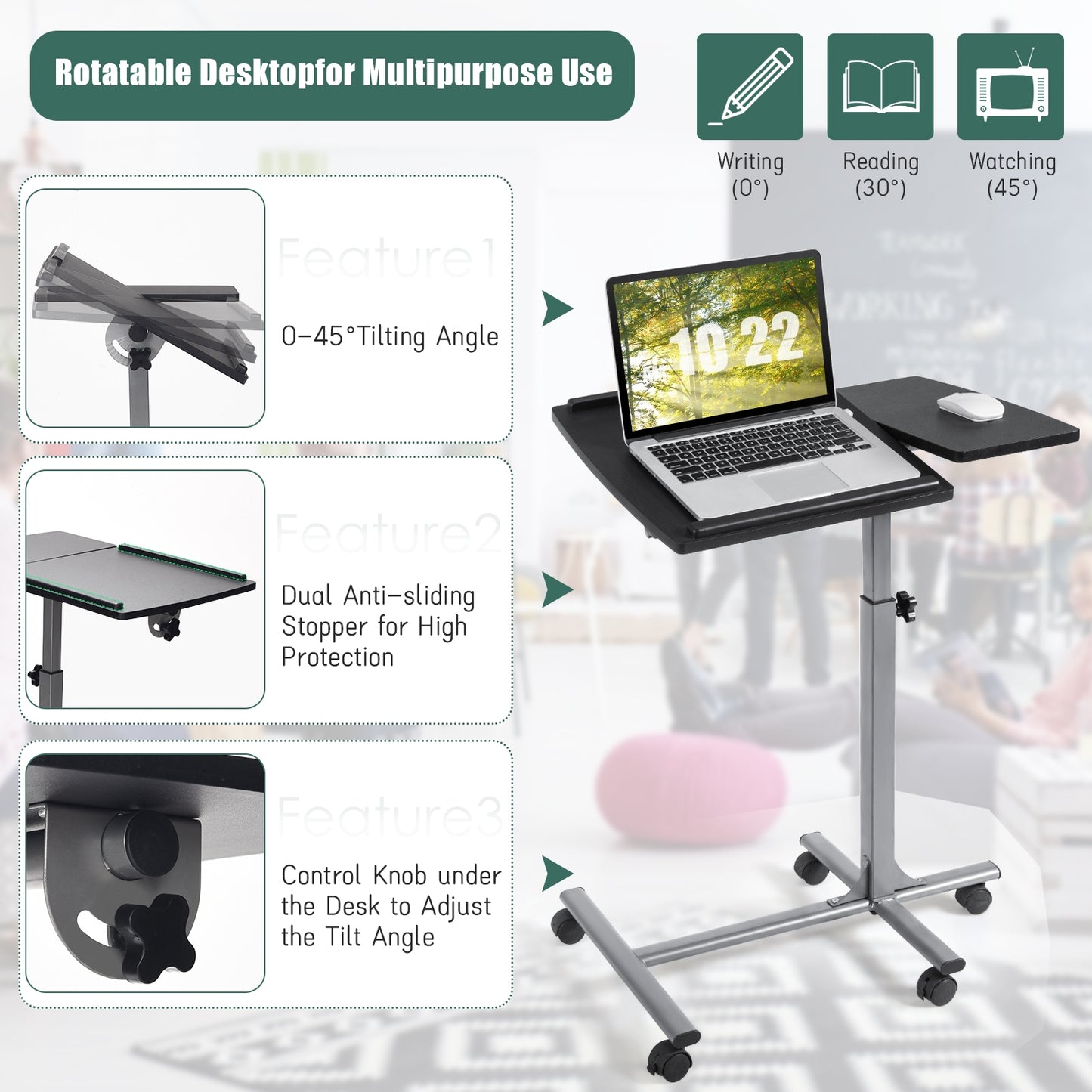 Adjustable Angle Height Rolling Laptop Table, Black Laptop Tables & Printer Stands at Gallery Canada