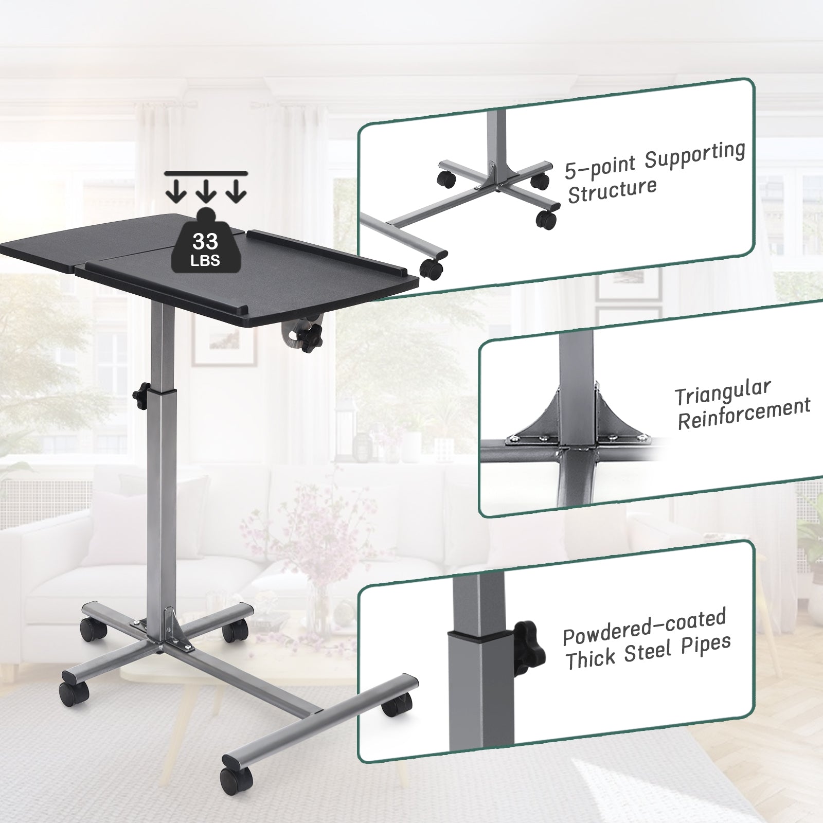 Adjustable Angle Height Rolling Laptop Table, Black Laptop Tables & Printer Stands at Gallery Canada