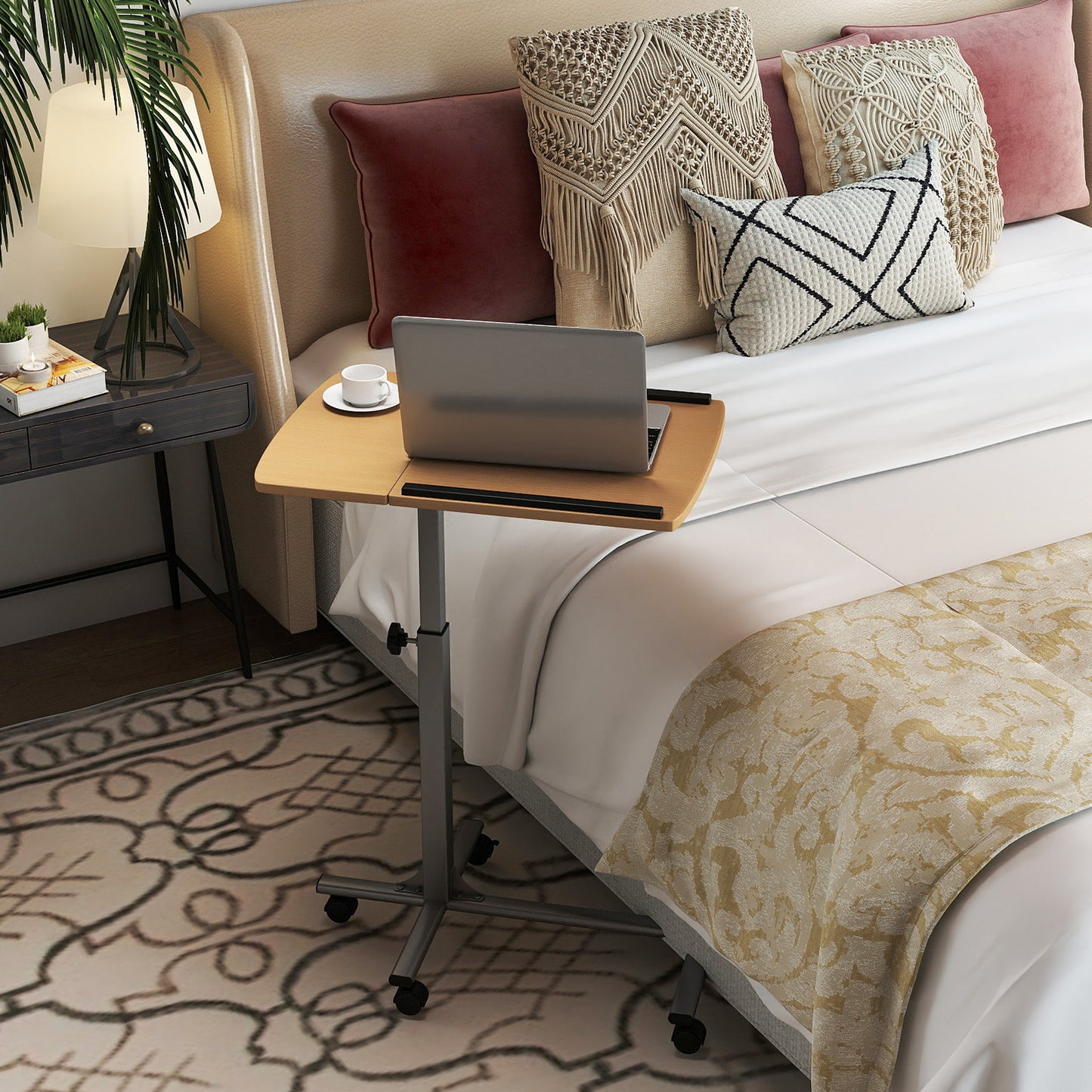 Adjustable Angle Height Rolling Laptop Table, Natural