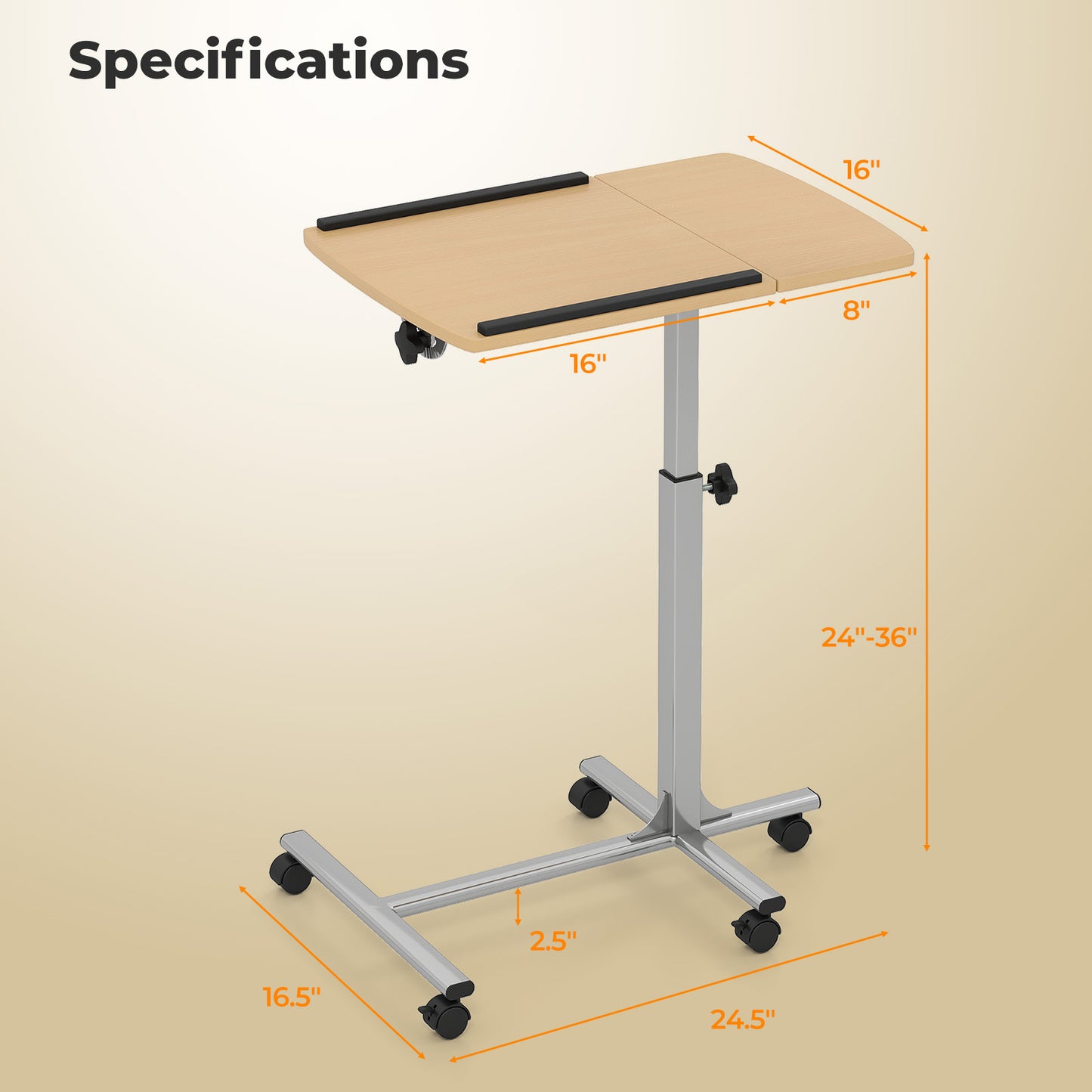 Adjustable Angle Height Rolling Laptop Table, Natural