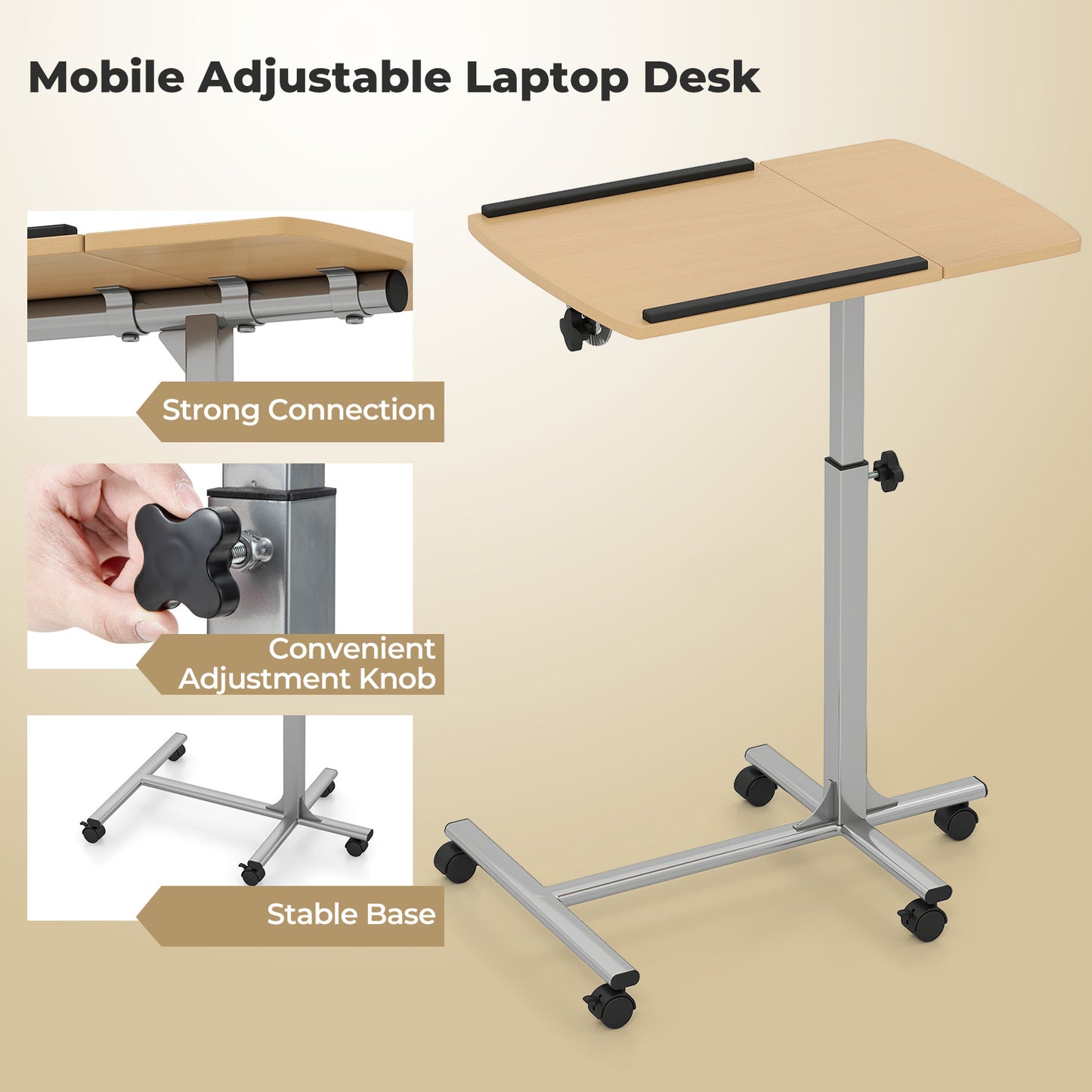 Adjustable Angle Height Rolling Laptop Table, Natural