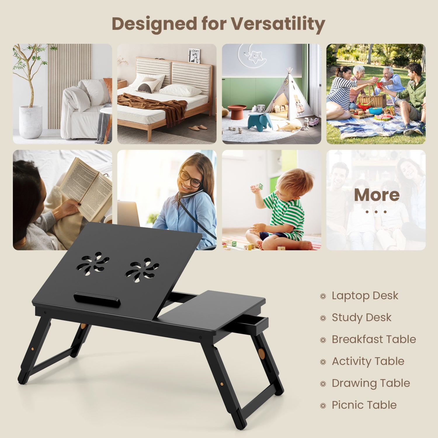 Adjustable Bamboo Laptop Desk, Tilting Top, Drawer, Brown Laptop Tables & Printer Stands at Gallery Canada