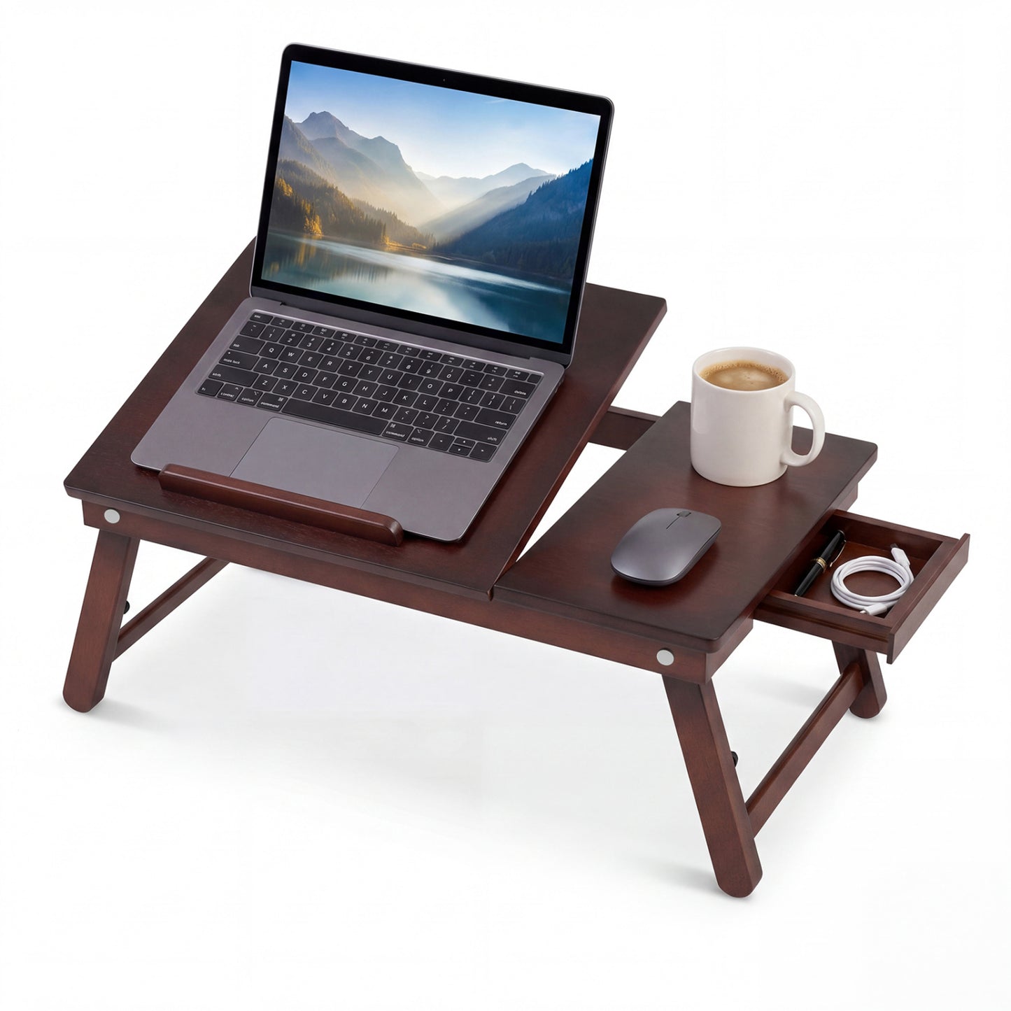 Adjustable Bamboo Laptop Desk, Tilting Top, Brown