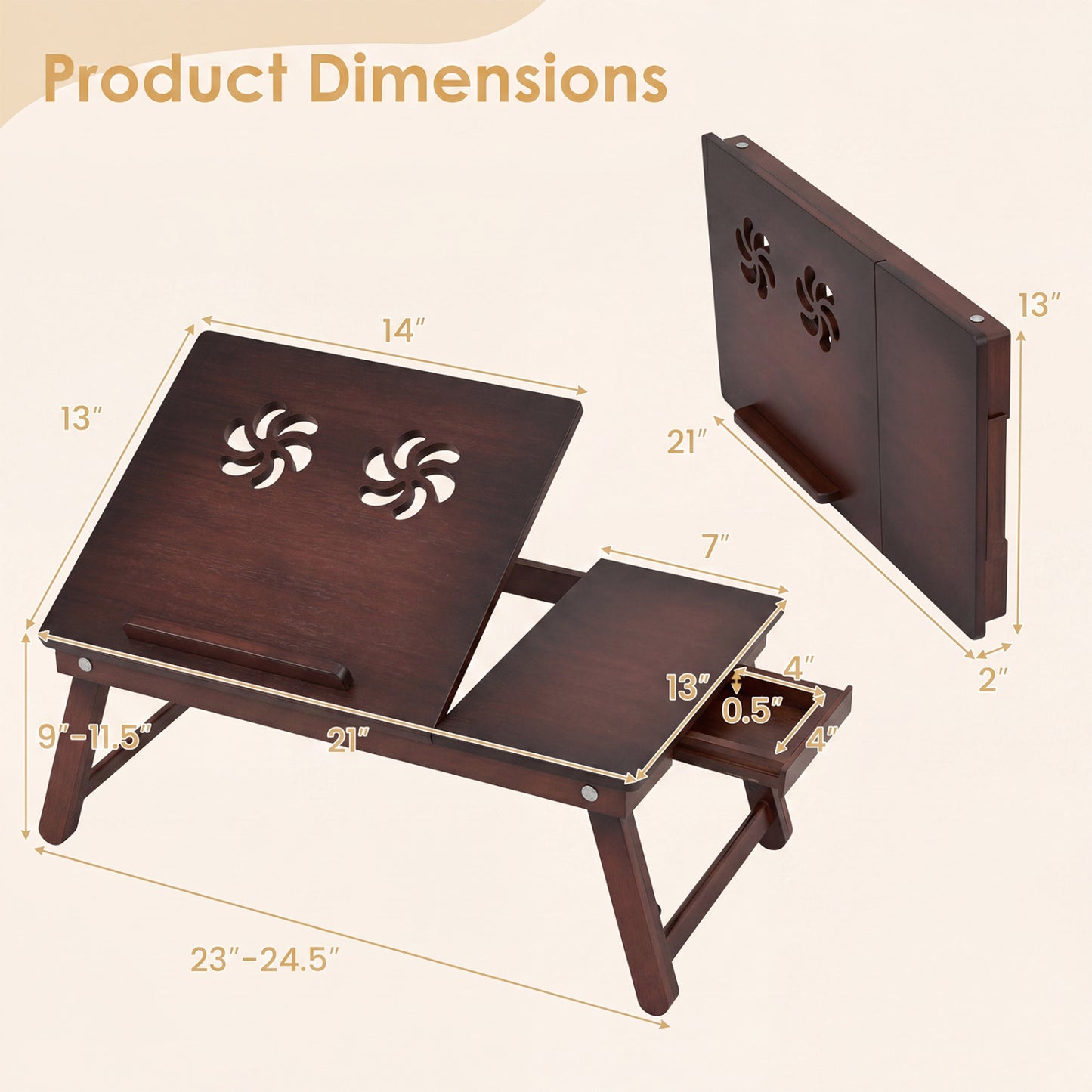Adjustable Bamboo Laptop Desk, Tilting Top, Brown
