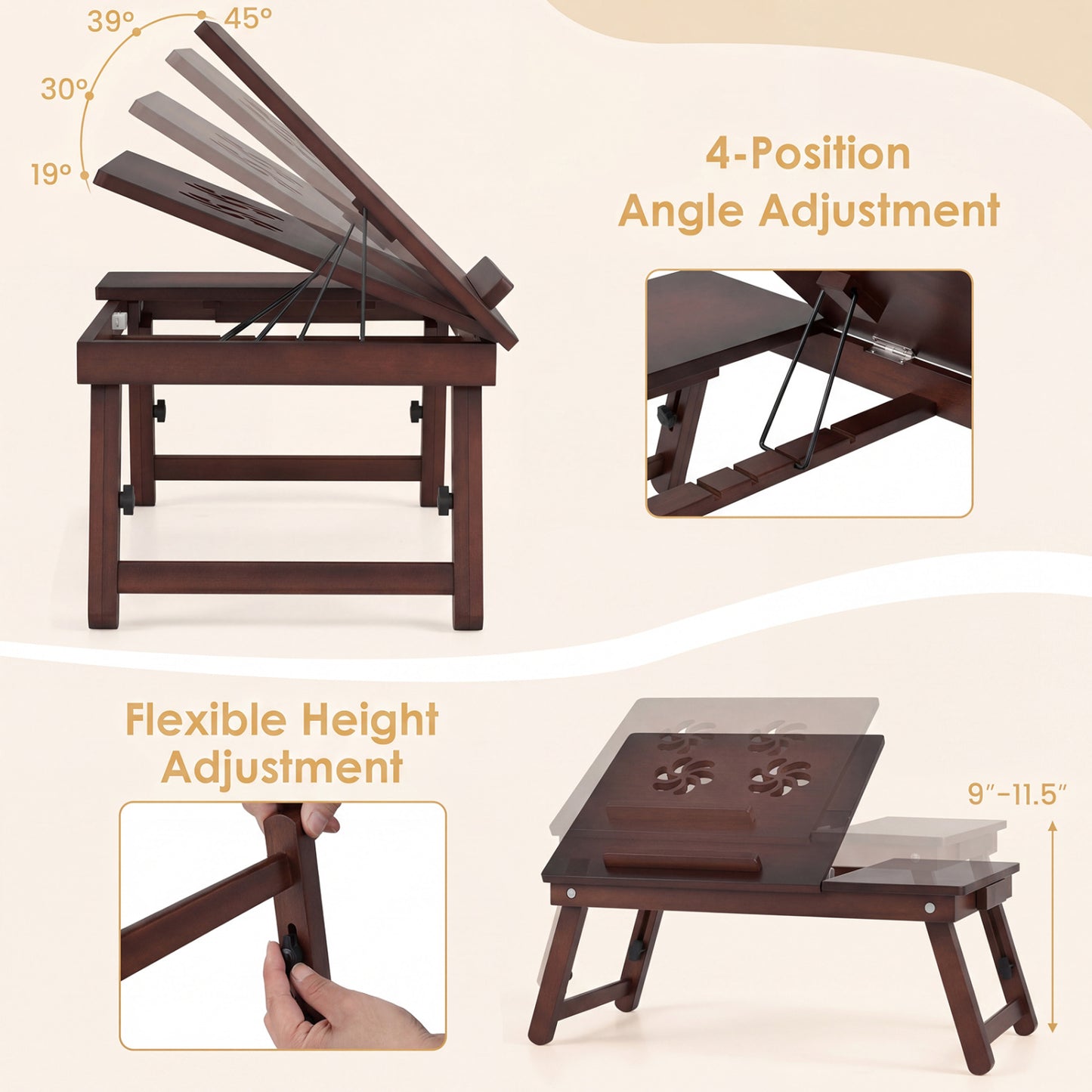 Adjustable Bamboo Laptop Desk, Tilting Top, Brown