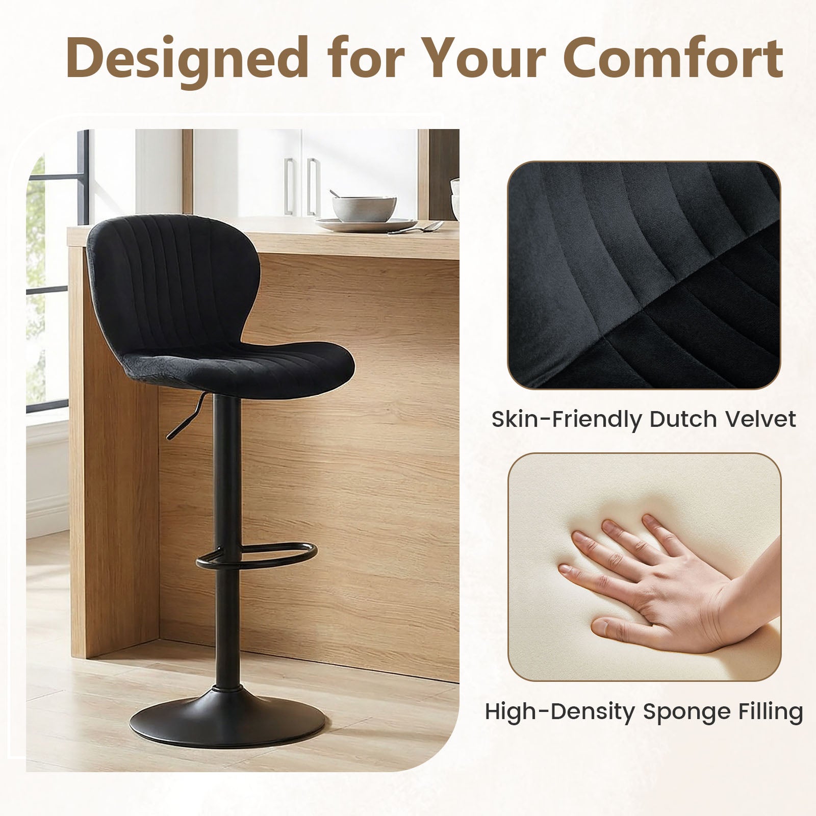 Adjustable Counter Height Chairs Set of 2 with Velvet Upholstered Backrests, Black Bar Stools at Gallery Canada