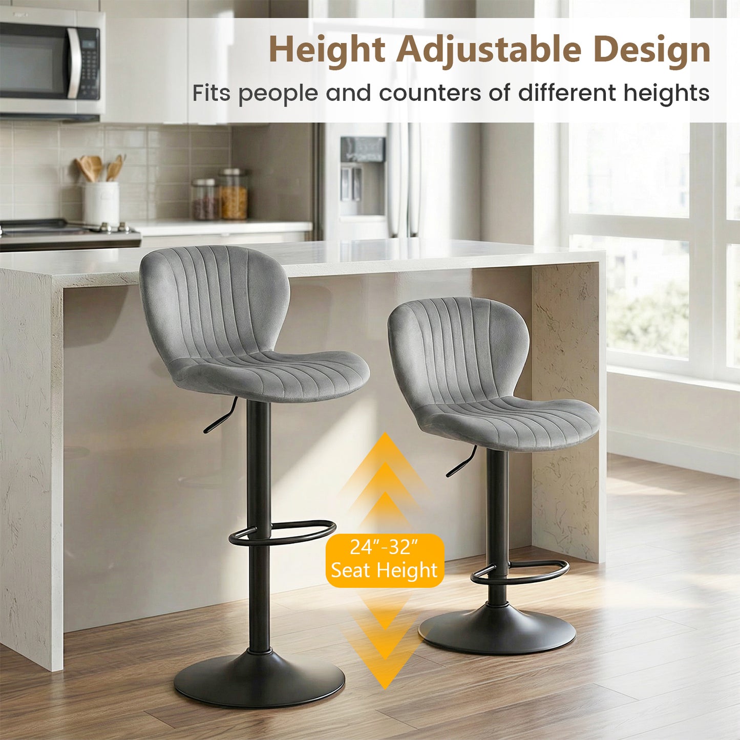 Adjustable Counter Height Chairs Set of 2 with Velvet Upholstered Backrests, Gray Bar Stools at Gallery Canada