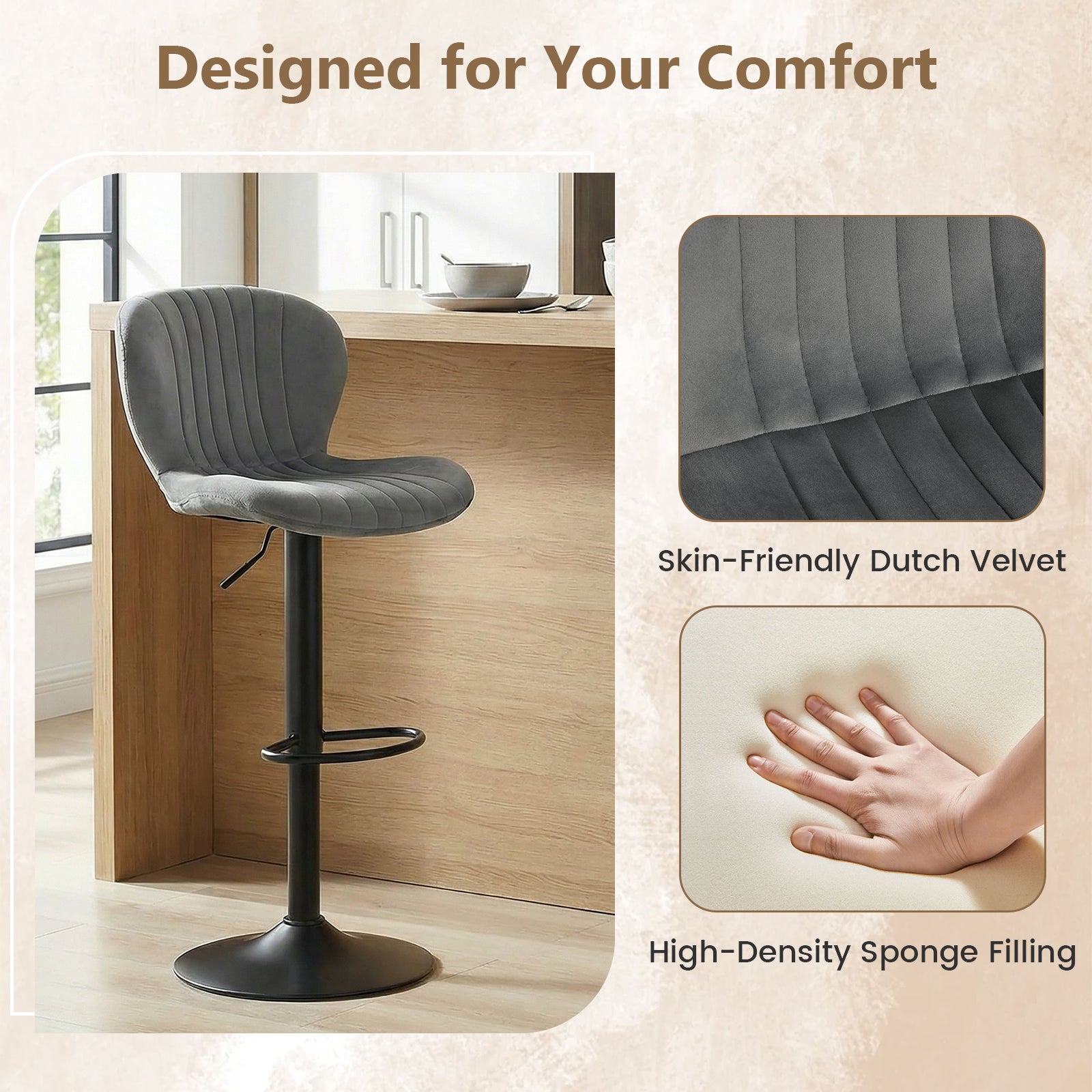 Adjustable Counter Height Chairs Set of 2 with Velvet Upholstered Backrests, Gray Bar Stools at Gallery Canada