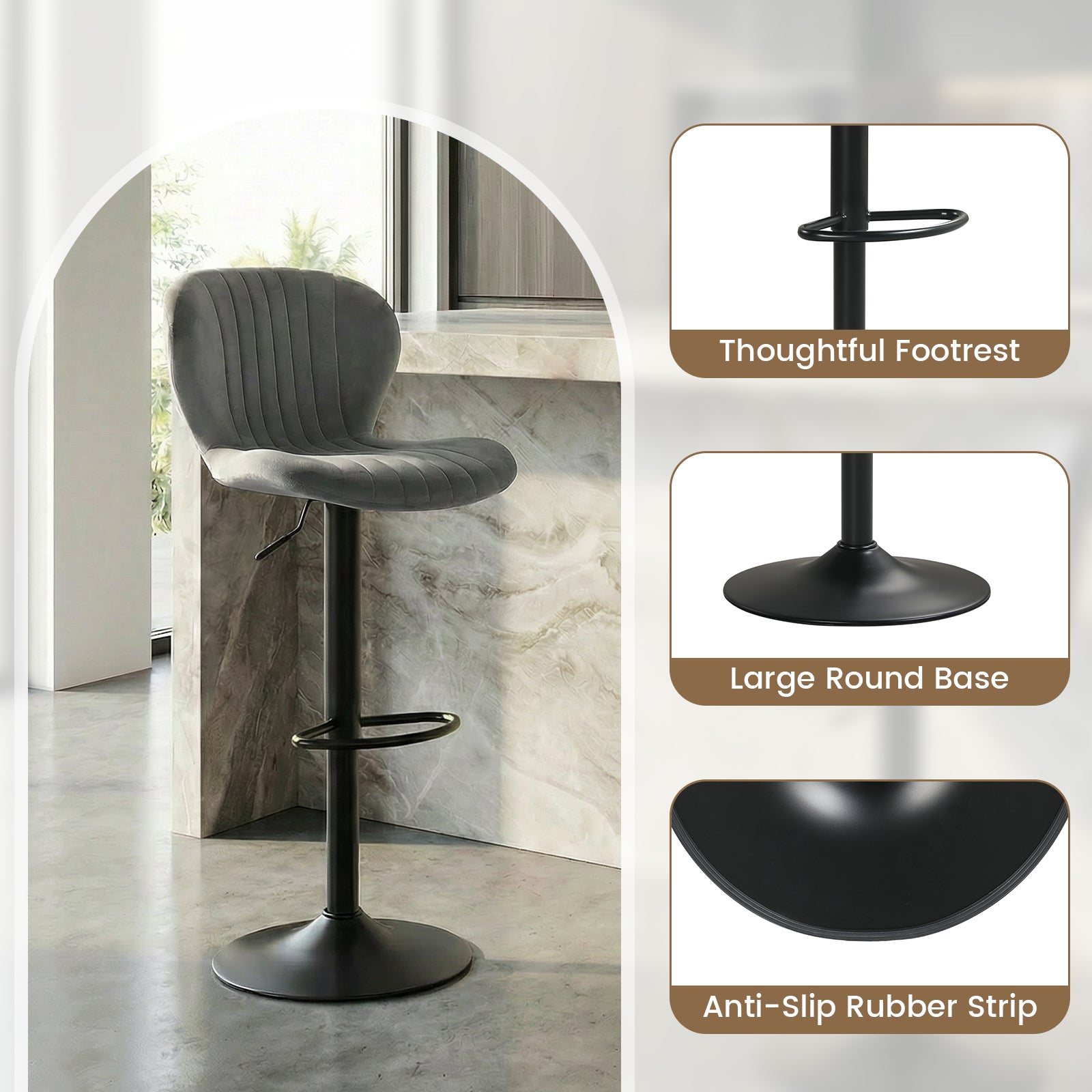 Adjustable Counter Height Chairs Set of 2 with Velvet Upholstered Backrests, Gray Bar Stools at Gallery Canada
