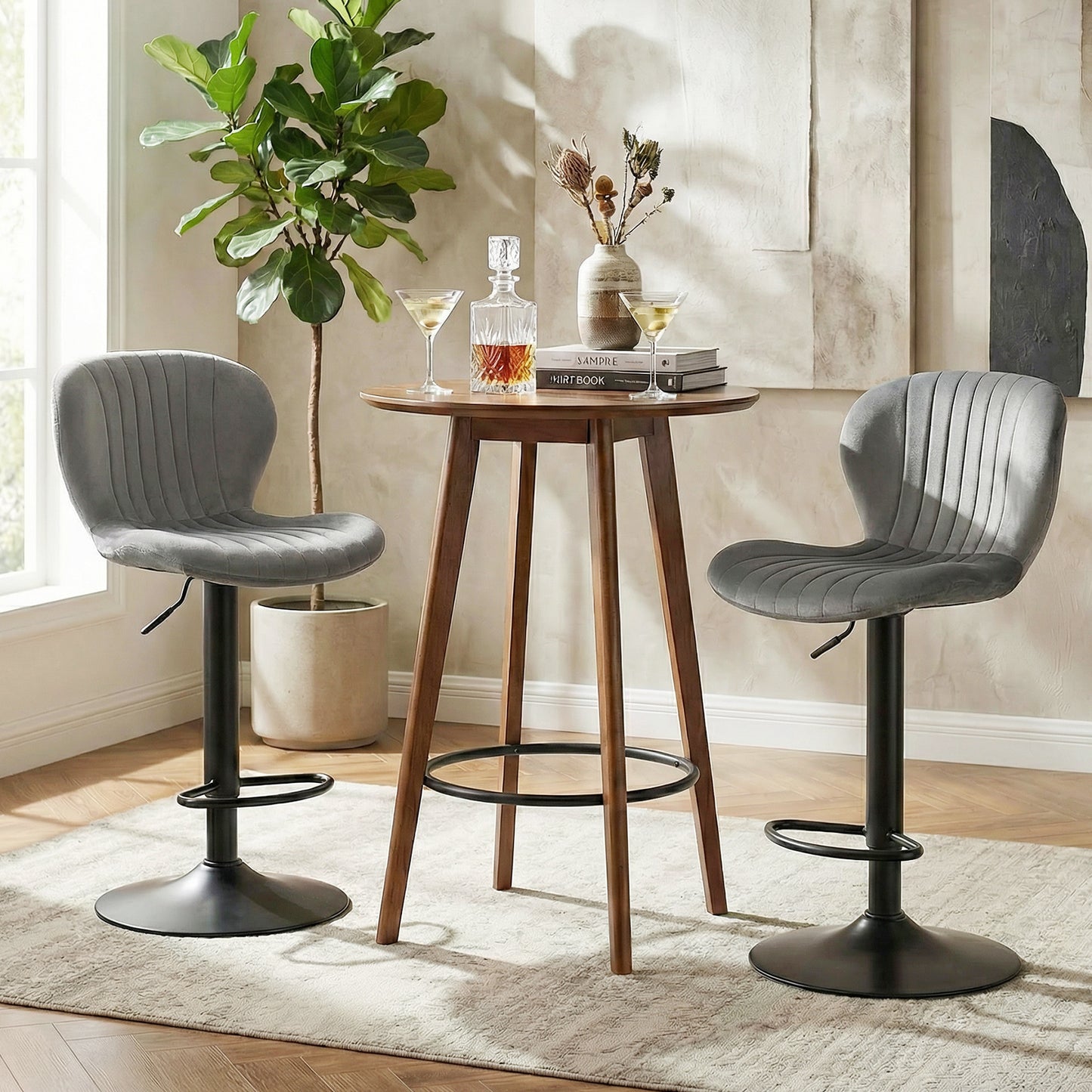 Adjustable Counter Height Chairs Set of 2 with Velvet Upholstered Backrests, Gray Bar Stools at Gallery Canada