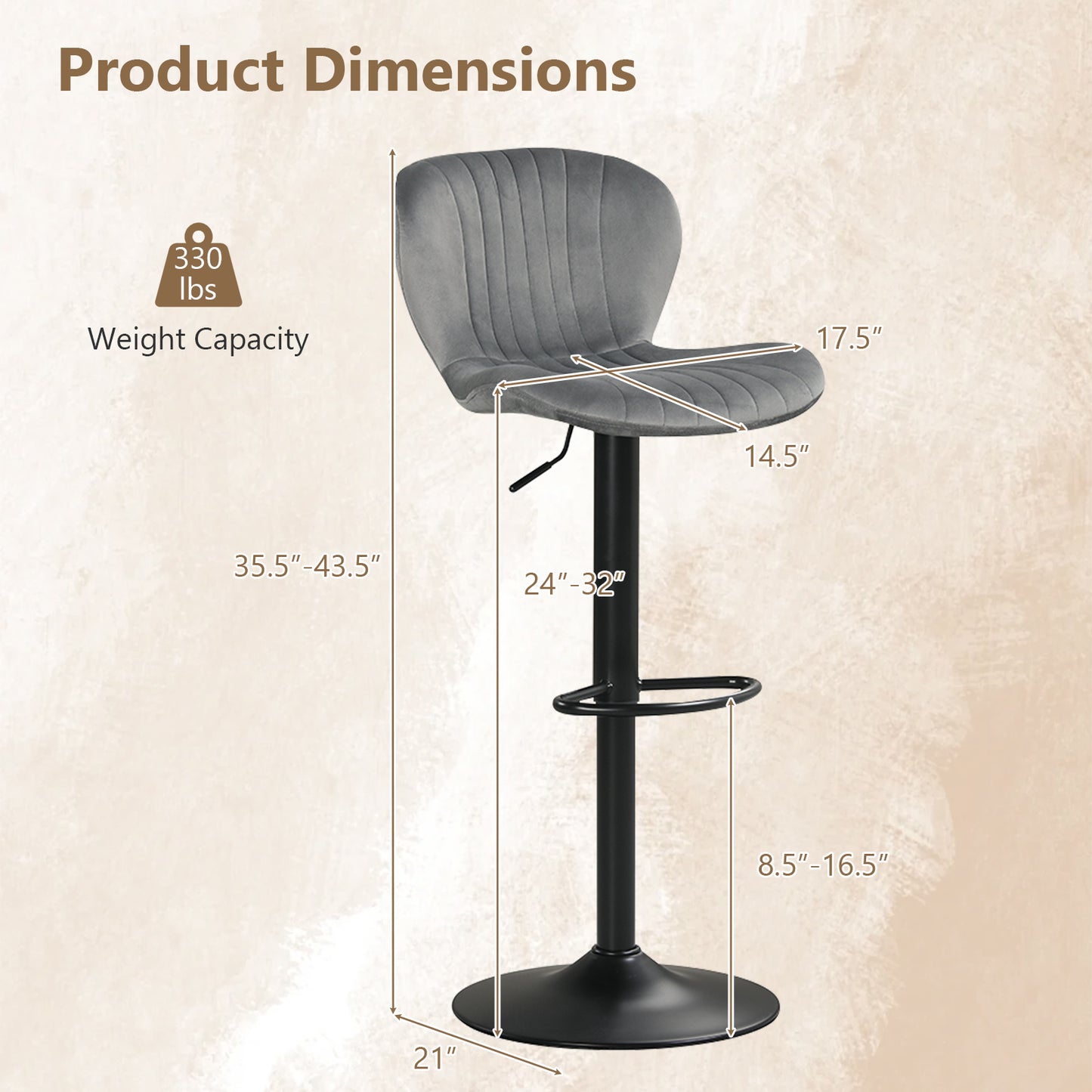 Adjustable Counter Height Chairs Set of 2 with Velvet Upholstered Backrests, Gray Bar Stools at Gallery Canada