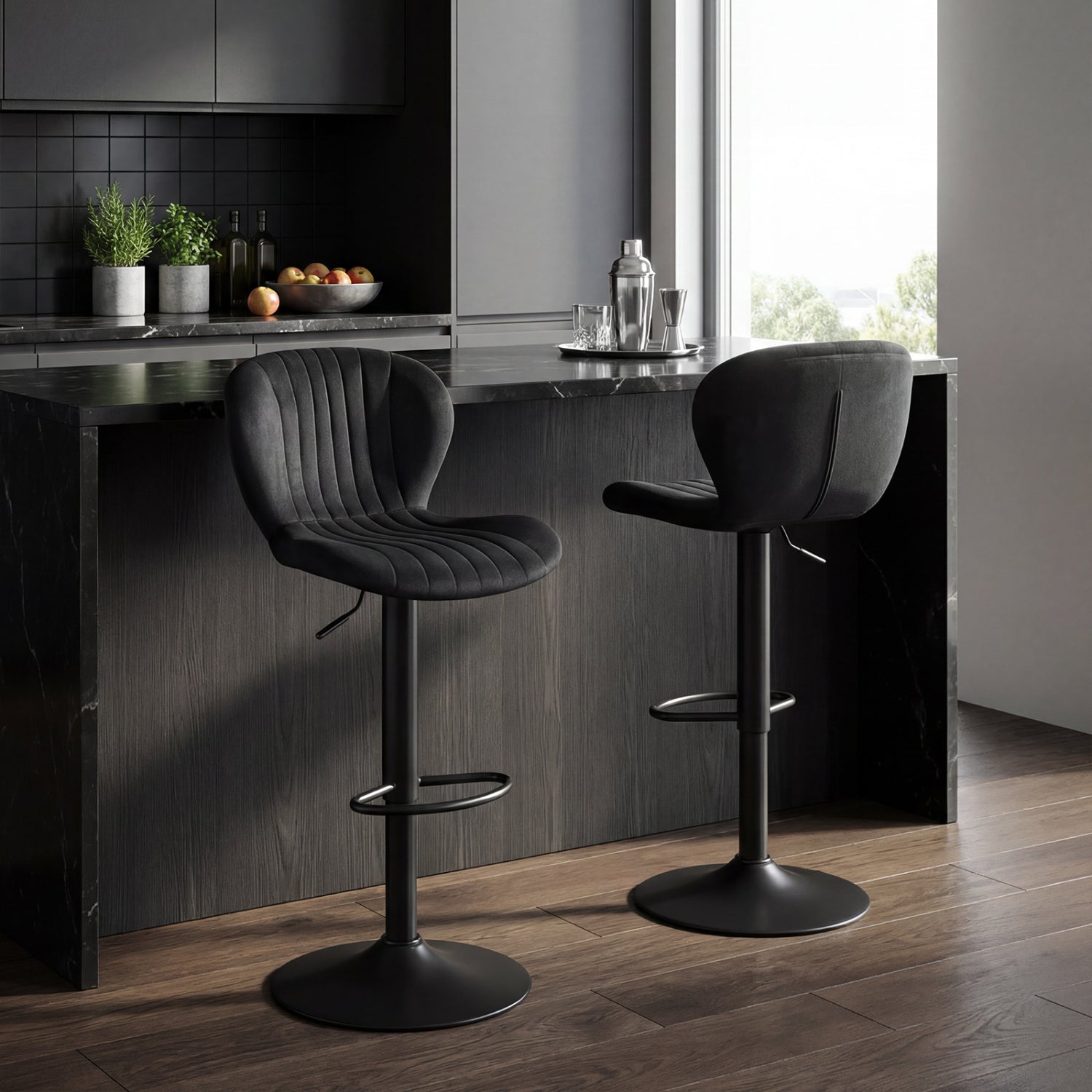 Adjustable Counter Height Chairs Set of 2 with Velvet Upholstered Backrests, Black Bar Stools at Gallery Canada