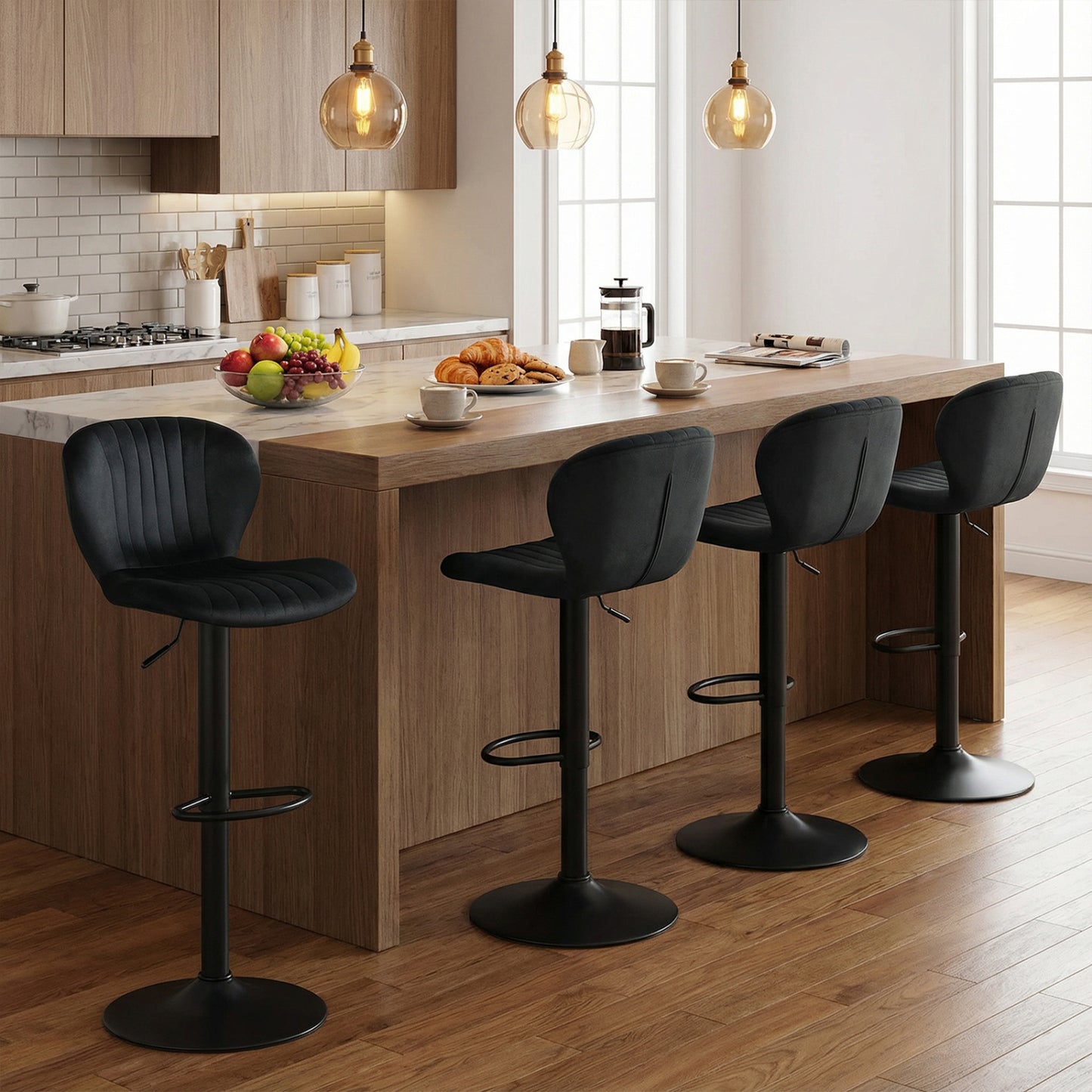 Adjustable Counter Height Chairs Set of 2 with Velvet Upholstered Backrests, Black Bar Stools at Gallery Canada