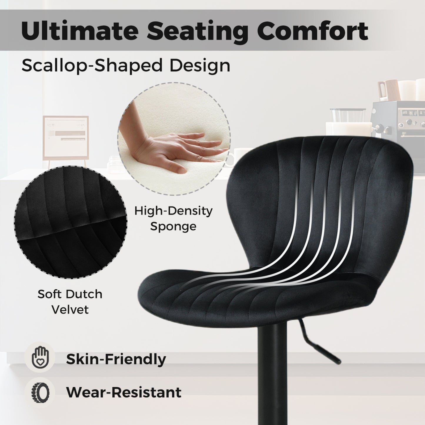 Adjustable Counter Height Chairs Set of 2 with Velvet Upholstered Backrests, Black Bar Stools at Gallery Canada