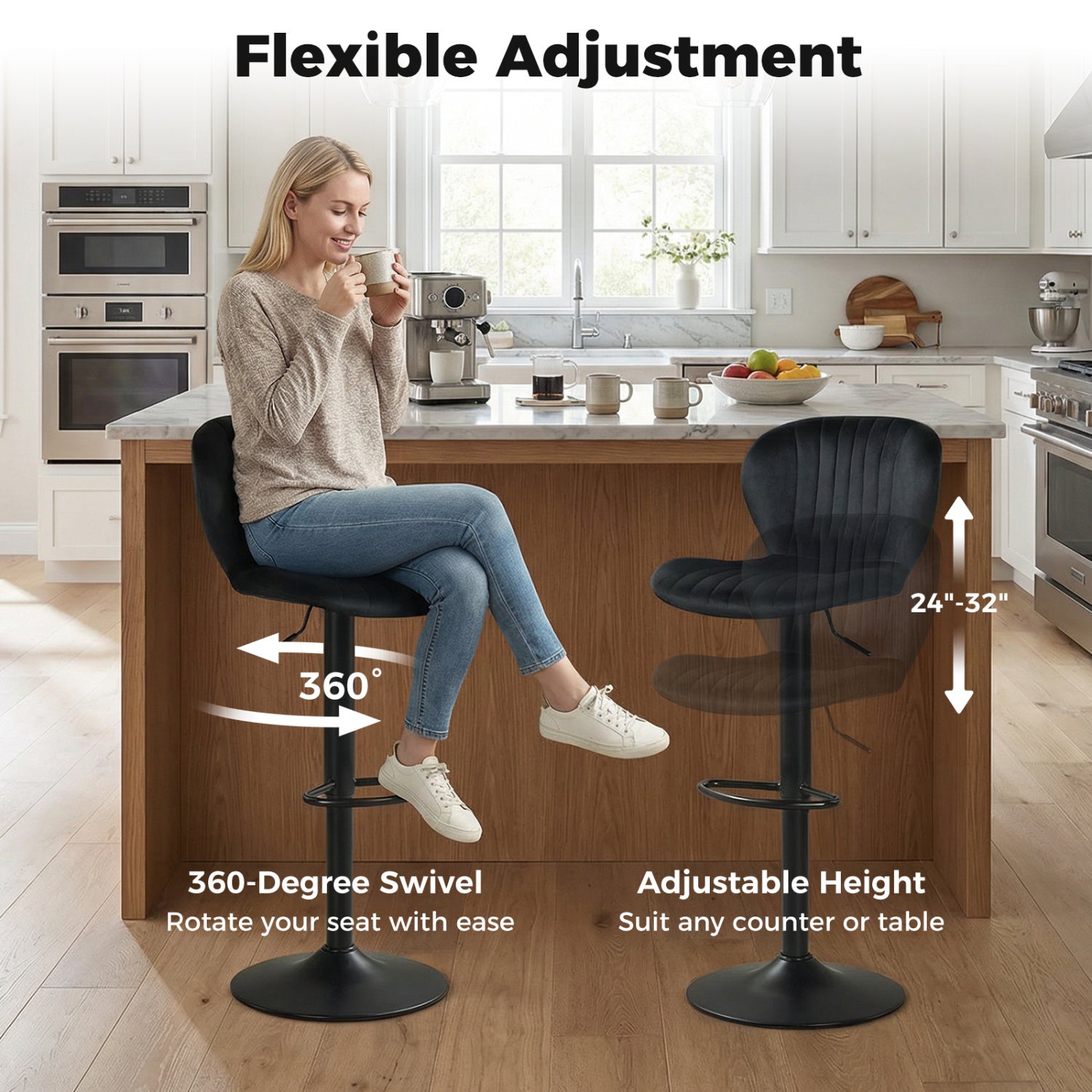 Adjustable Counter Height Chairs Set of 2 with Velvet Upholstered Backrests, Black Bar Stools at Gallery Canada
