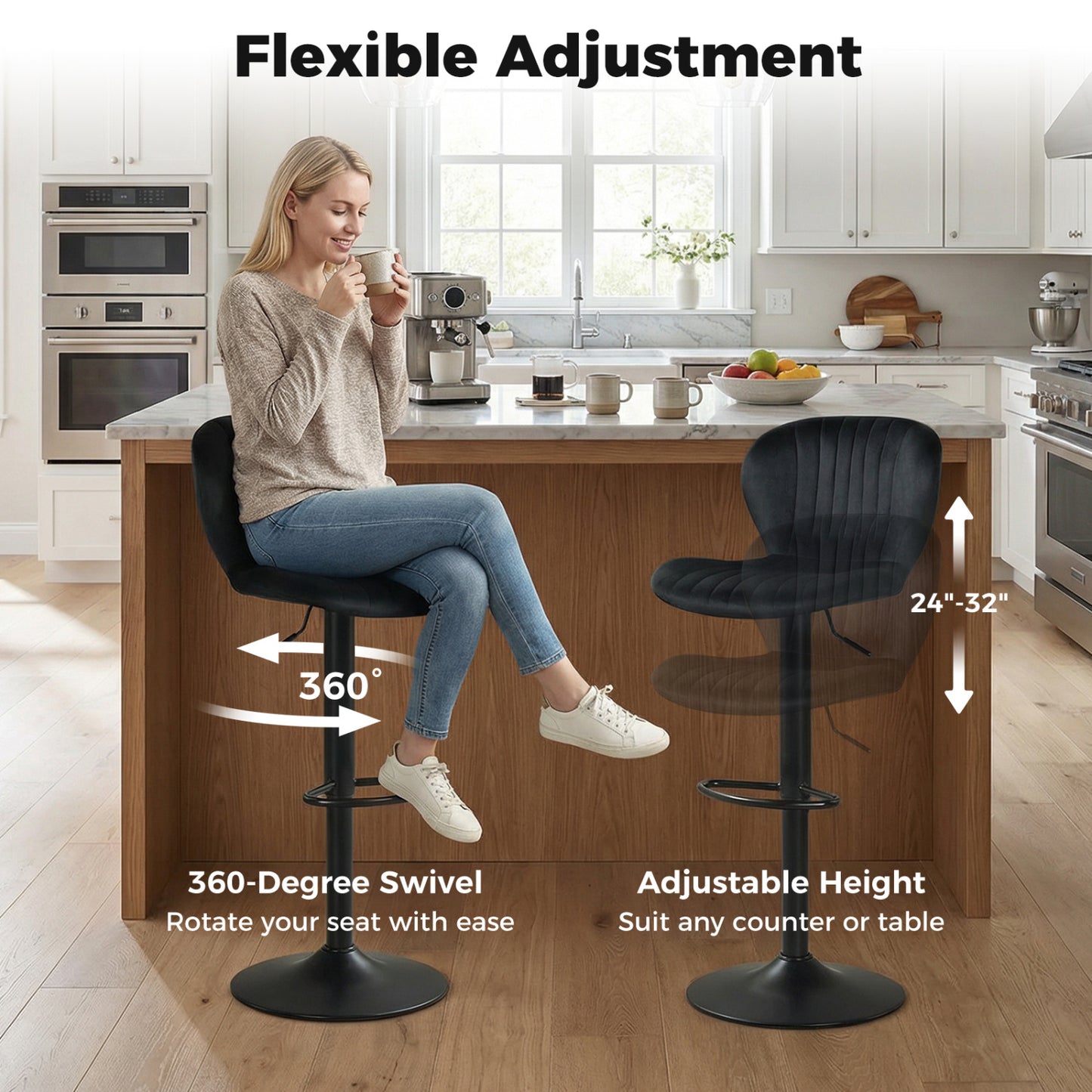 Adjustable Counter Height Chairs Set of 2 with Velvet Upholstered Backrests, Black Bar Stools at Gallery Canada