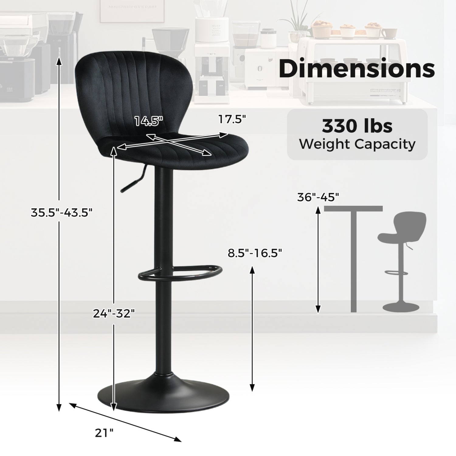 Adjustable Counter Height Chairs Set of 2 with Velvet Upholstered Backrests, Black Bar Stools at Gallery Canada