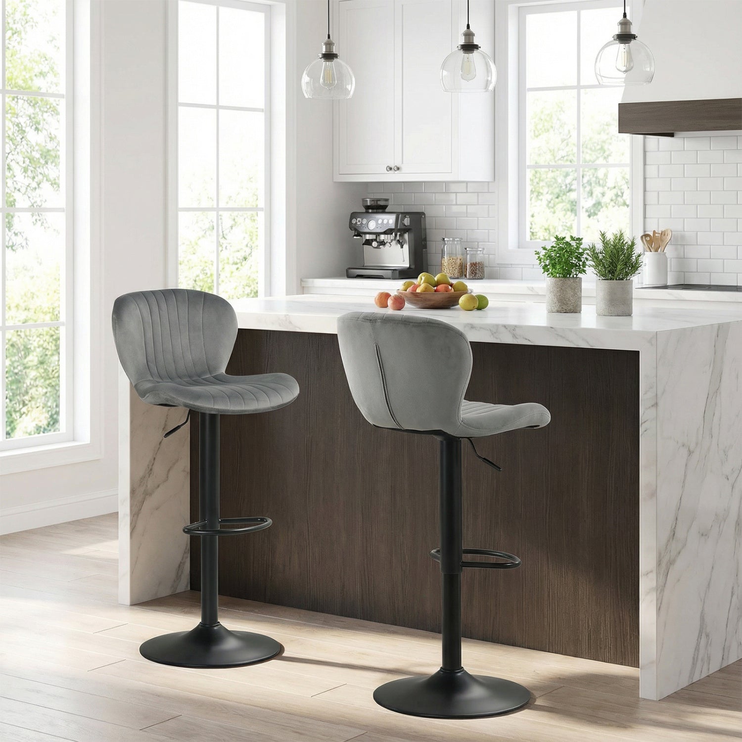 Adjustable Counter Height Chairs Set of 2 with Velvet Upholstered Backrests, Gray Bar Stools at Gallery Canada