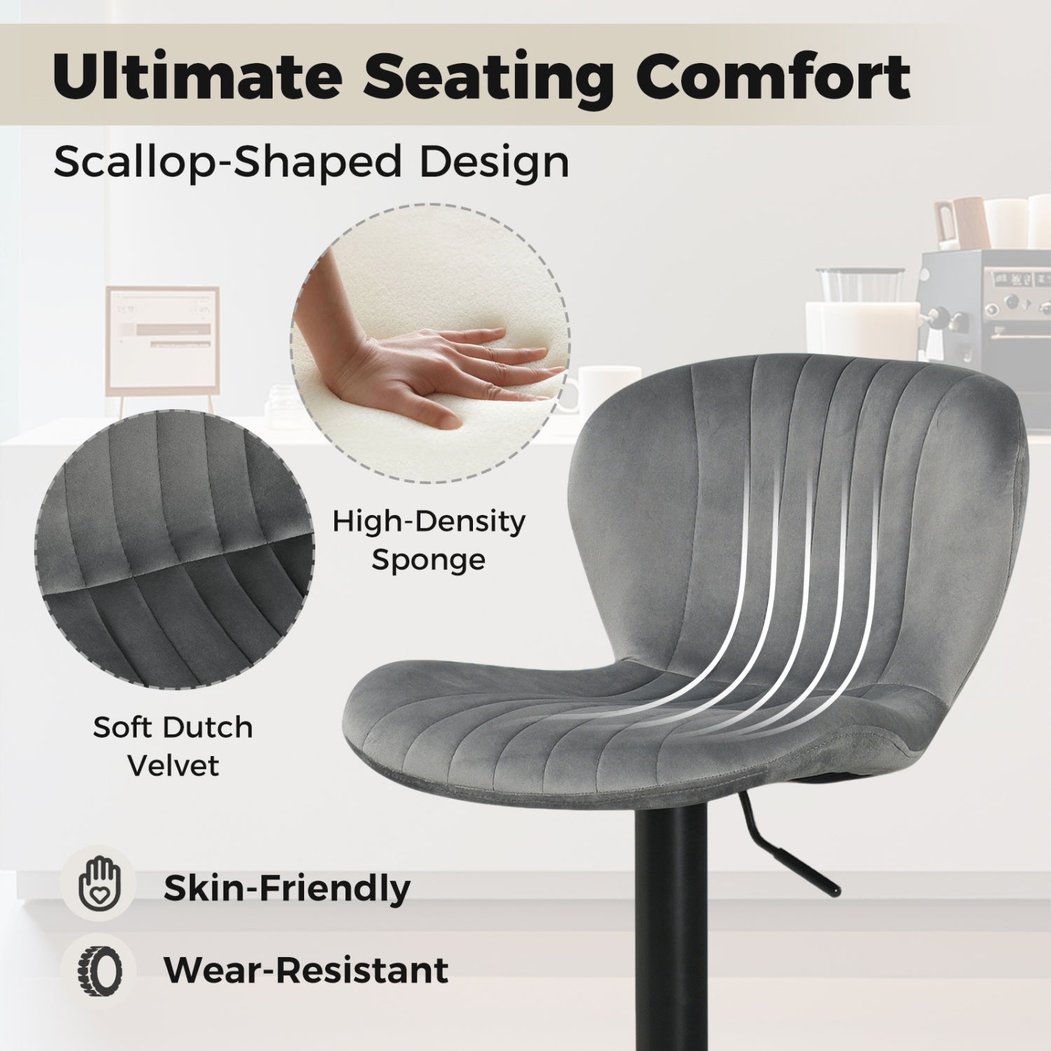 Adjustable Counter Height Chairs Set of 2 with Velvet Upholstered Backrests, Gray Bar Stools at Gallery Canada