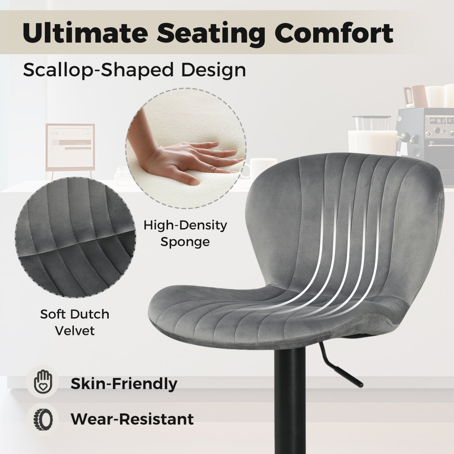 Adjustable Counter Height Chairs Set of 2 with Velvet Upholstered Backrests, Gray Bar Stools at Gallery Canada