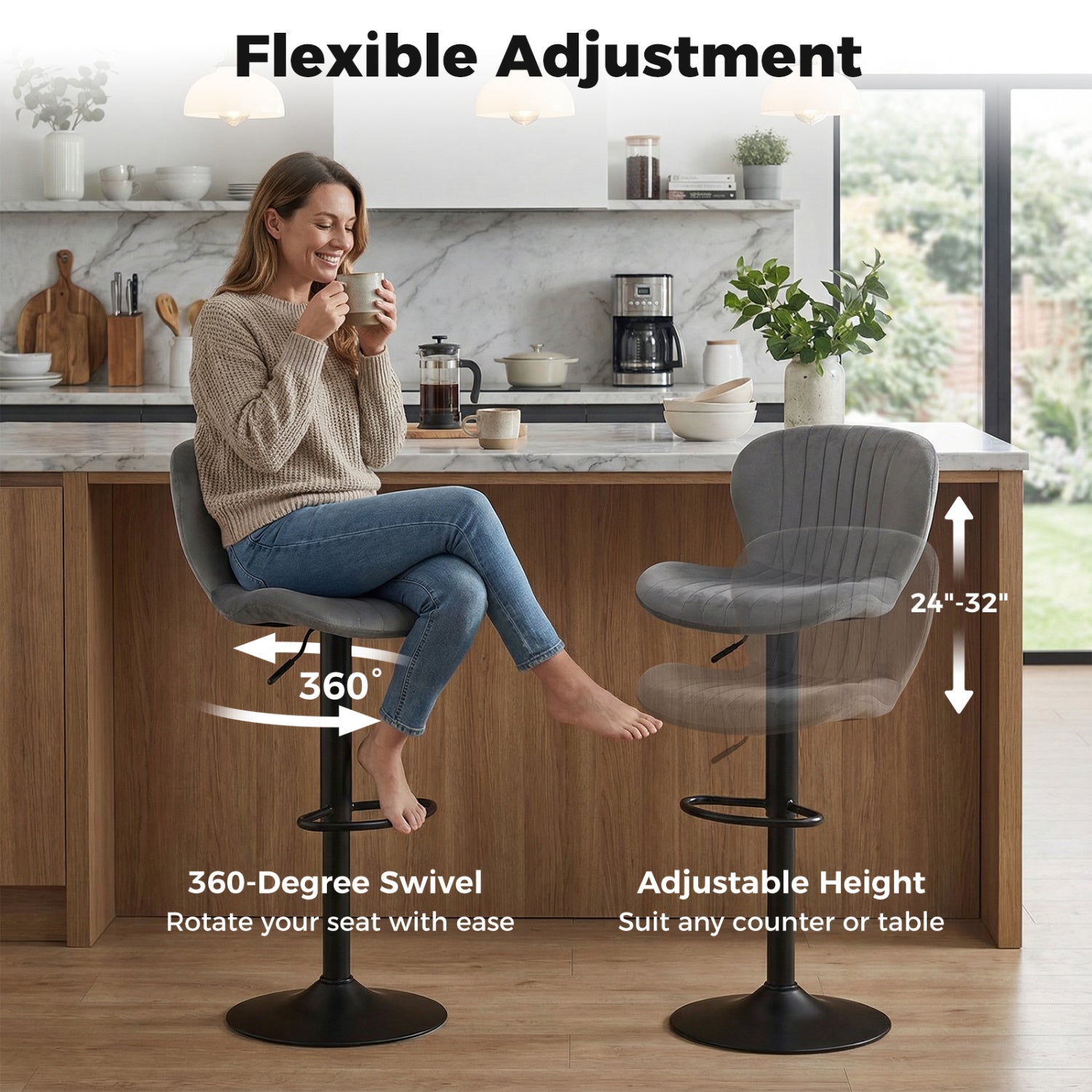Adjustable Counter Height Chairs Set of 2 with Velvet Upholstered Backrests, Gray Bar Stools at Gallery Canada