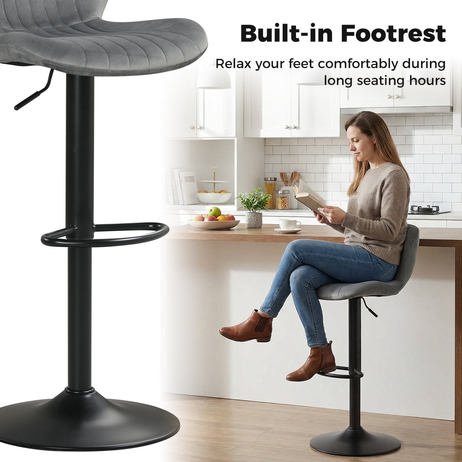 Adjustable Counter Height Chairs Set of 2 with Velvet Upholstered Backrests, Gray Bar Stools at Gallery Canada