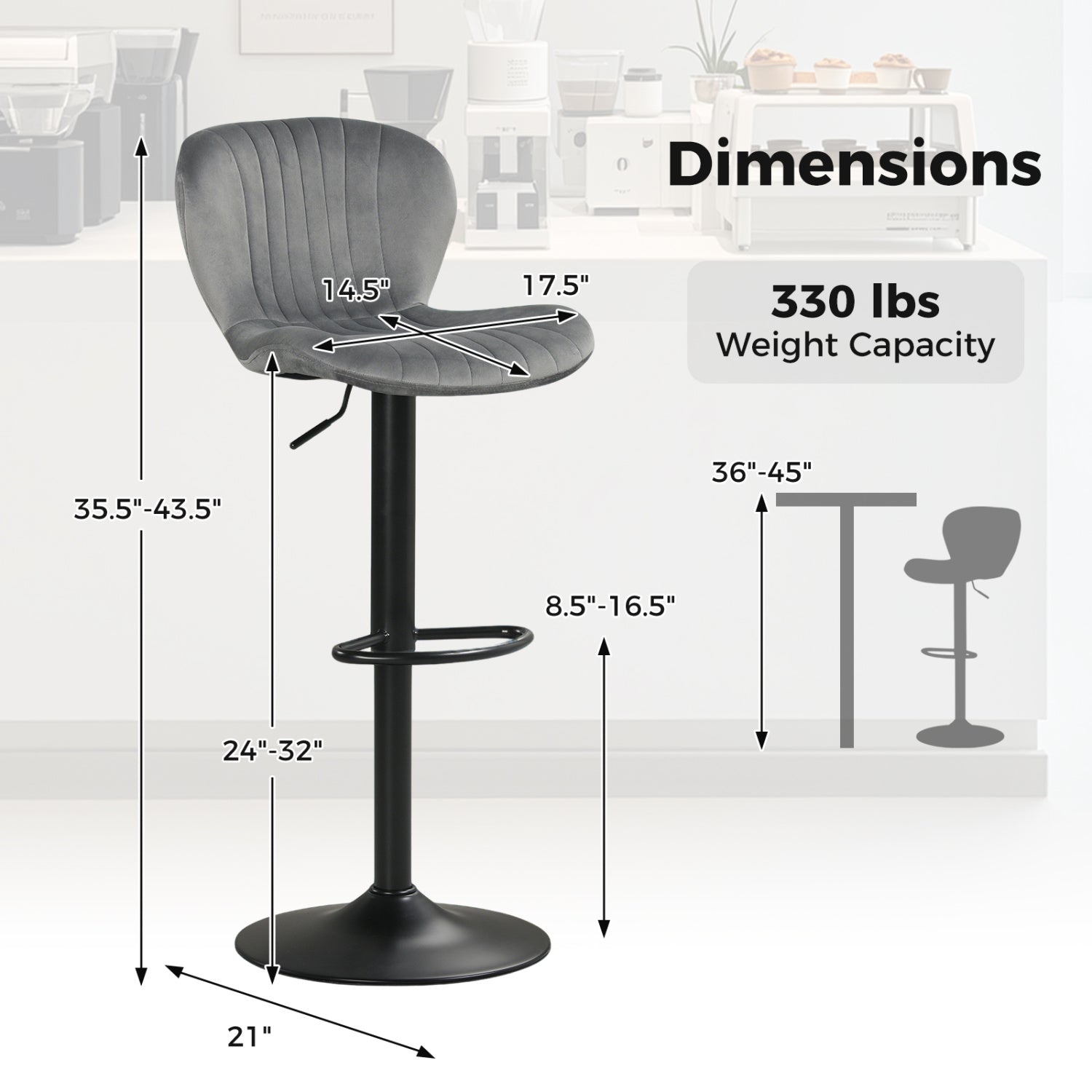 Adjustable Counter Height Chairs Set of 2 with Velvet Upholstered Backrests, Gray Bar Stools at Gallery Canada