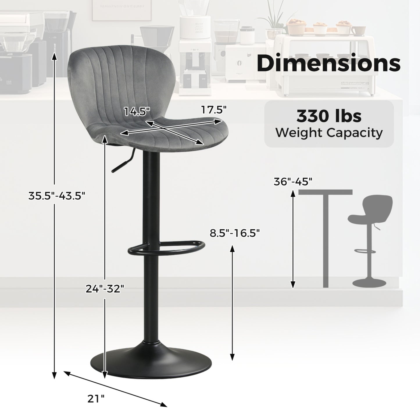 Adjustable Counter Height Chairs Set of 2 with Velvet Upholstered Backrests, Gray Bar Stools at Gallery Canada