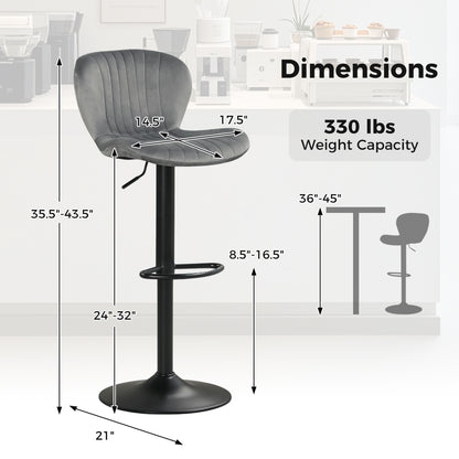 Adjustable Counter Height Chairs Set of 2 with Velvet Upholstered Backrests, Gray Bar Stools at Gallery Canada