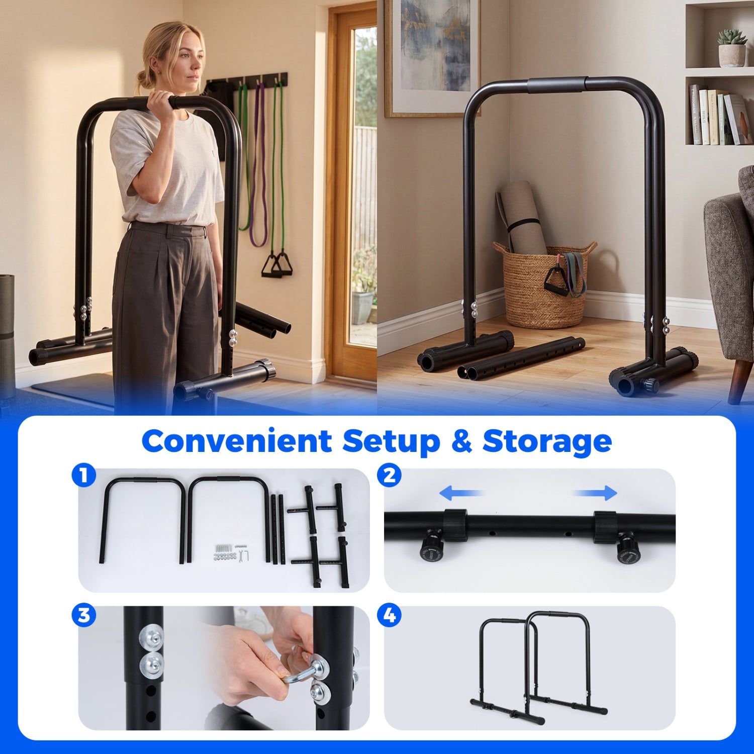 Adjustable Dip Bar Station, 660 LBS Capacity, Black Yoga Accessories at Gallery Canada