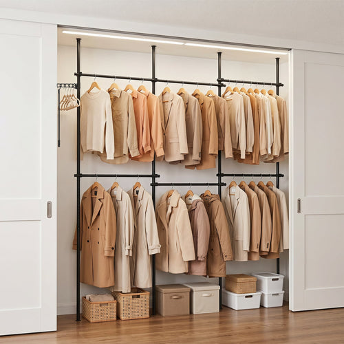 Adjustable Floor to Ceiling Clothes Rack with 6 Hanging Rods, Black