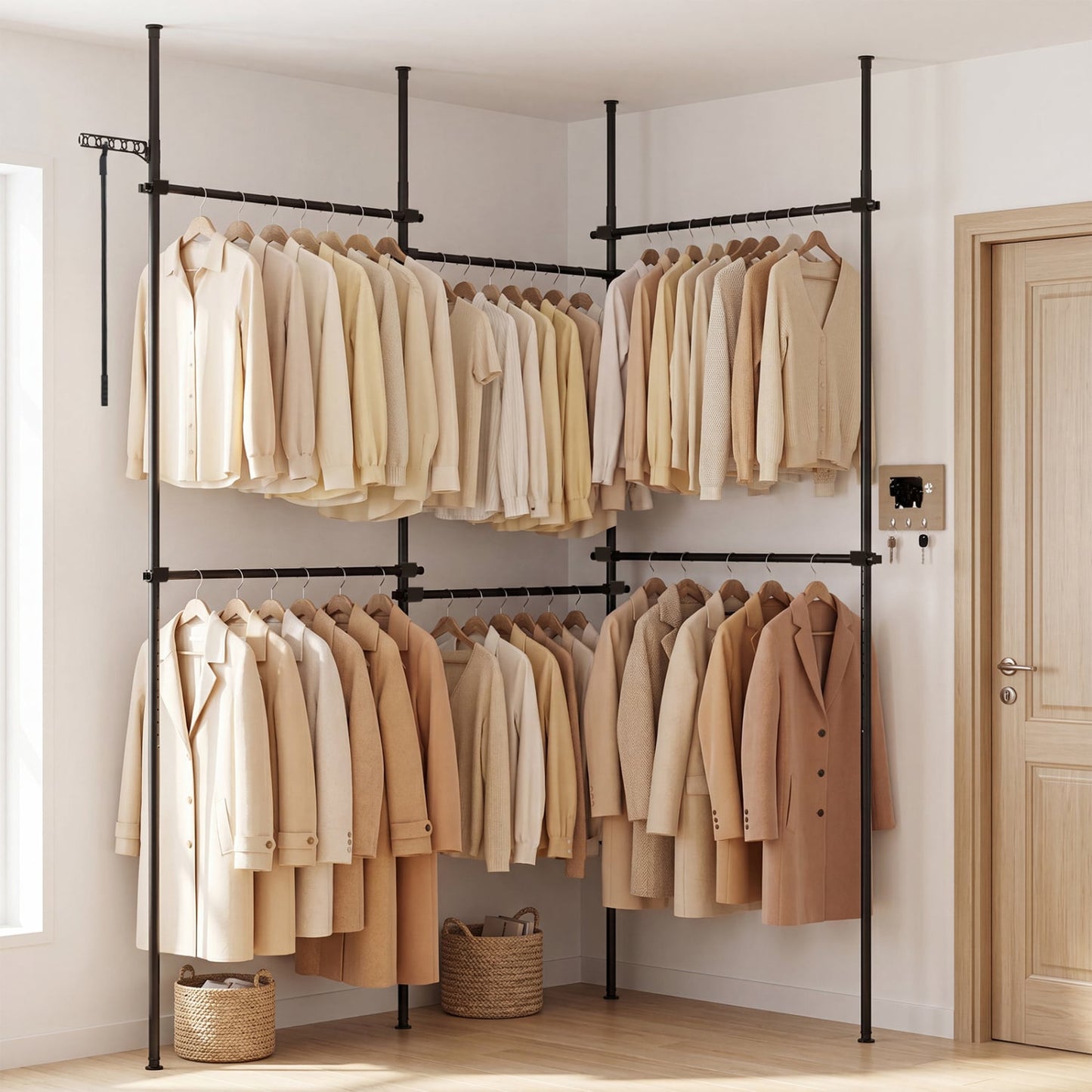 Adjustable Floor to Ceiling Clothes Rack with 6 Hanging Rods, Black