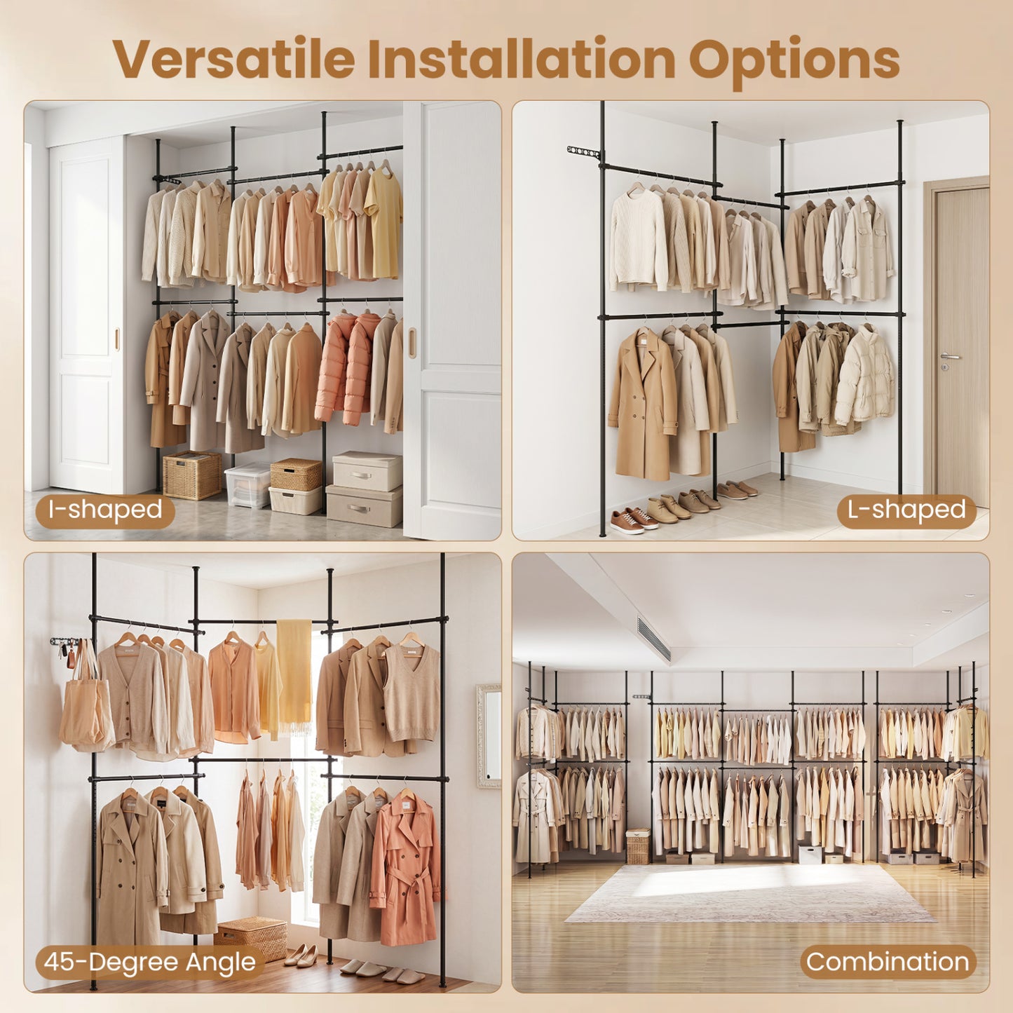 Adjustable Floor to Ceiling Clothes Rack with 6 Hanging Rods, Black