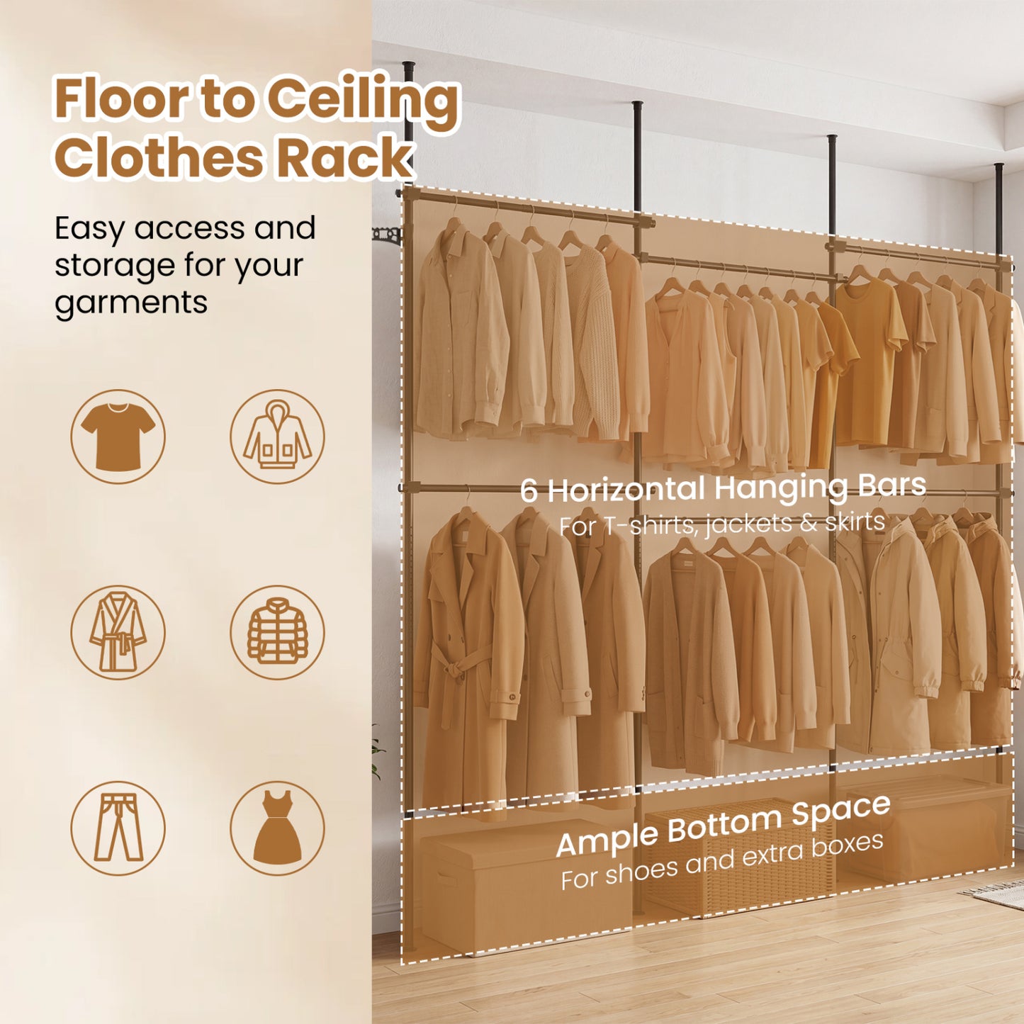 Adjustable Floor to Ceiling Clothes Rack with 6 Hanging Rods, Black