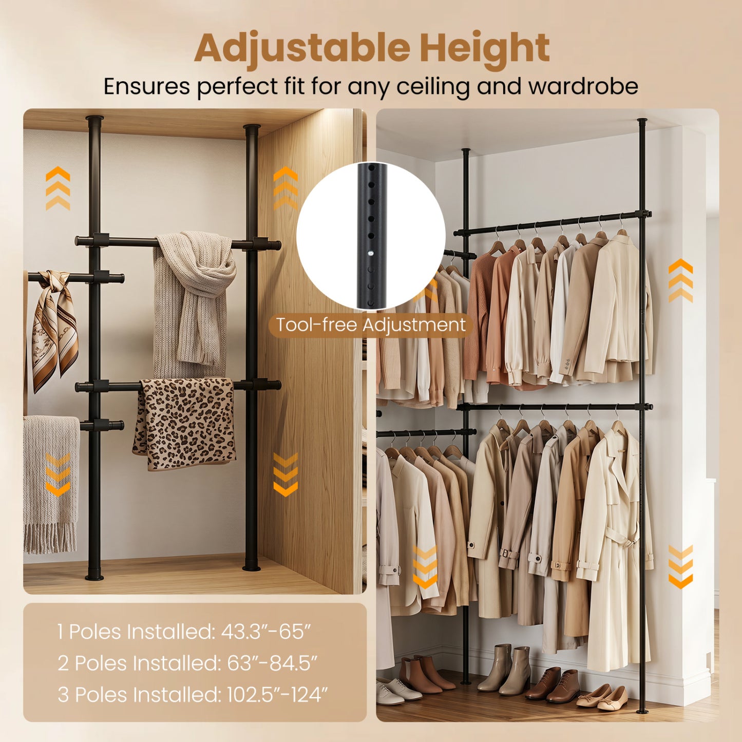 Adjustable Floor to Ceiling Clothes Rack with 6 Hanging Rods, Black