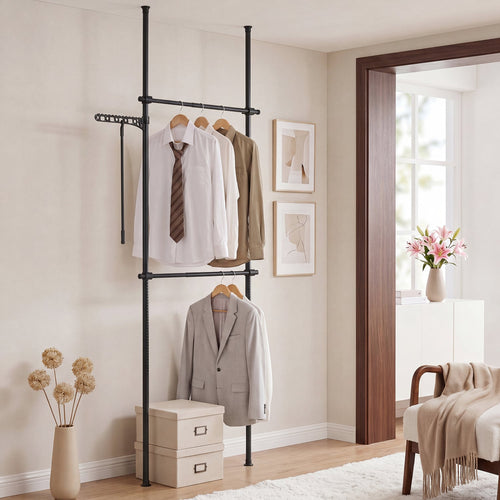 Adjustable Floor-to-Ceiling Clothes Rack with 2 Hanging Rods, Black