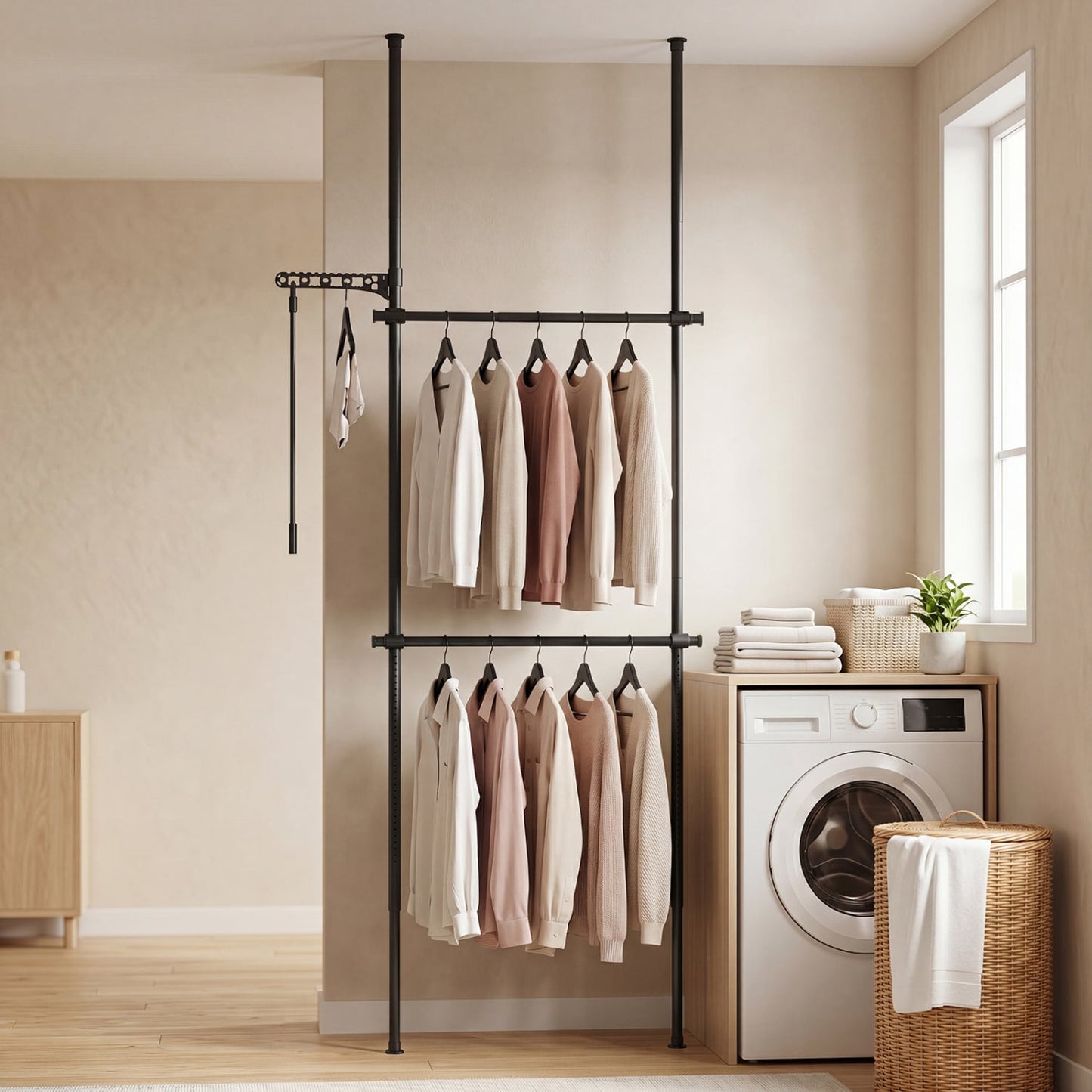 Adjustable Floor-to-Ceiling Clothes Rack with 2 Hanging Rods, Black