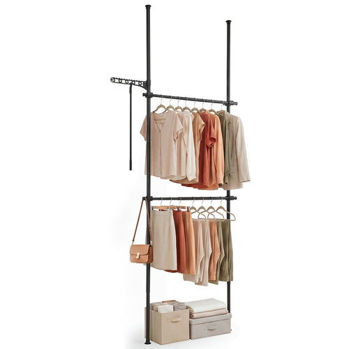Adjustable Floor-to-Ceiling Clothes Rack with 2 Hanging Rods, Black