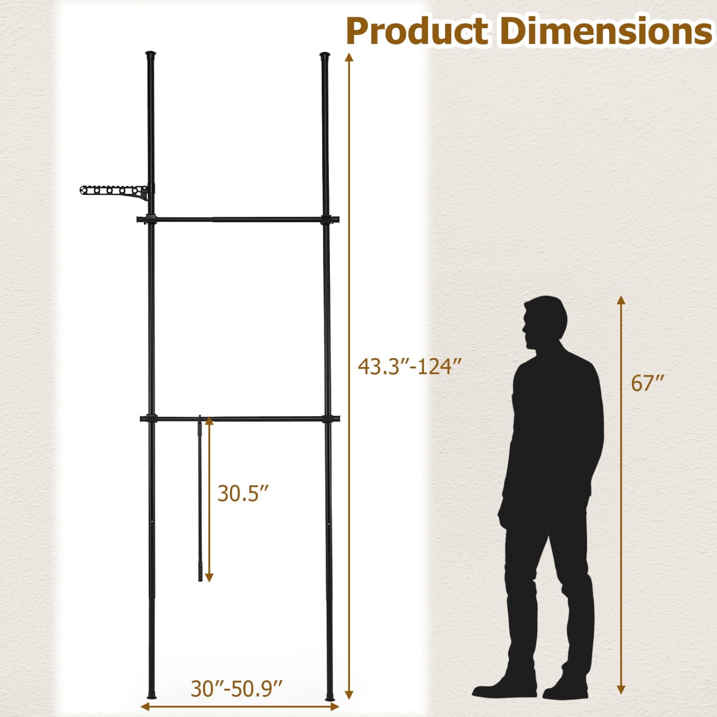 Adjustable Floor-to-Ceiling Clothes Rack with 2 Hanging Rods, Black