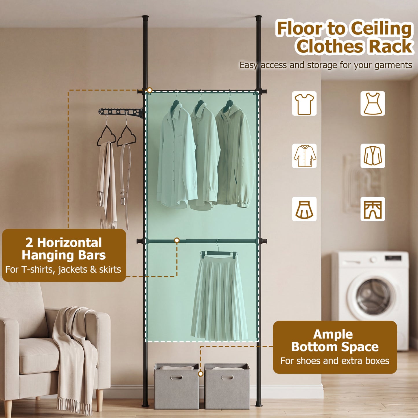 Adjustable Floor-to-Ceiling Clothes Rack with 2 Hanging Rods, Black